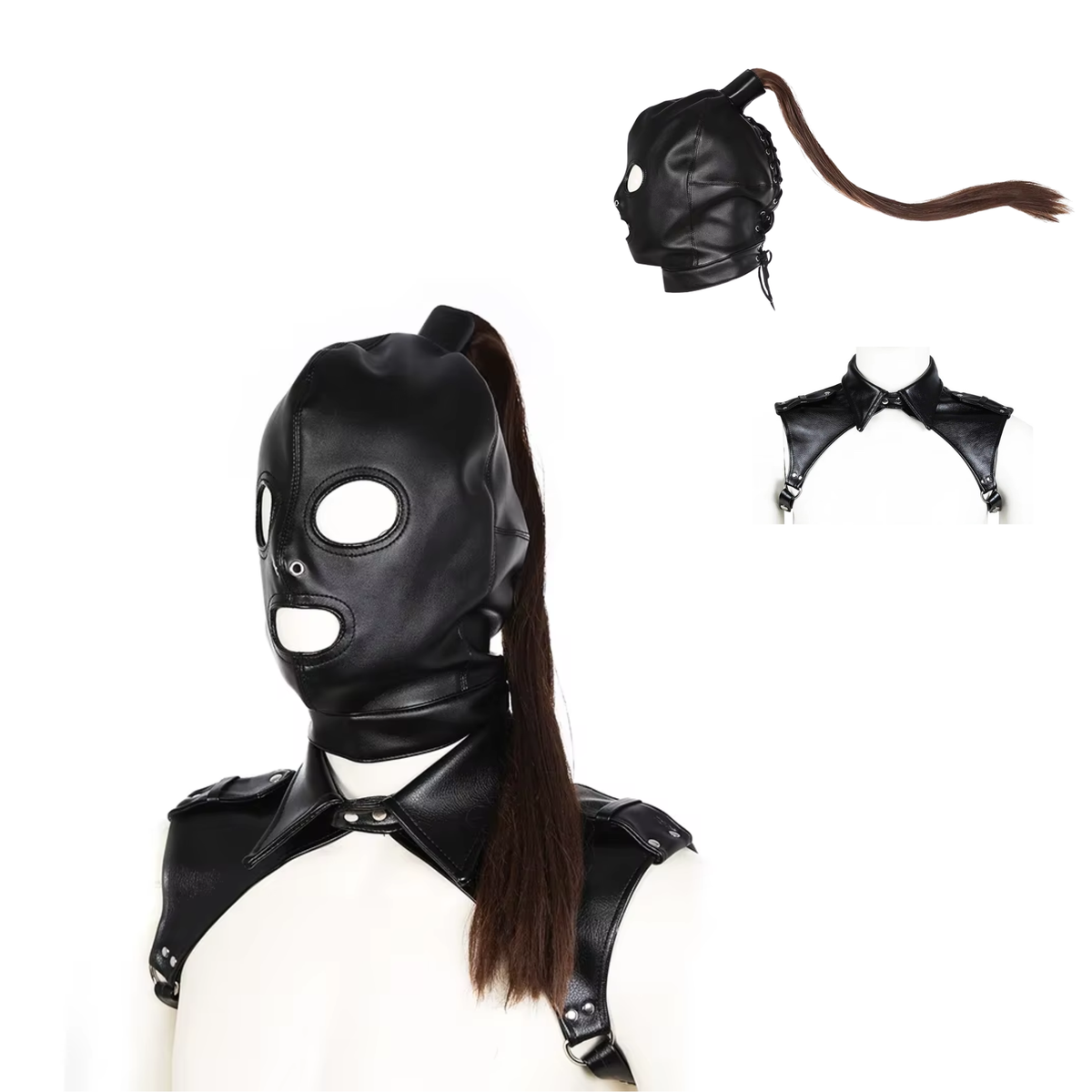 Masker & Harnas - Leder Look / PU Leer - Met Afneembare Staart - Zwart - BDSM / Roleplay / Cosplay / Rollenspel - Unisex - Sex Speeltjes Toys - Erotiek - Bondage Masker - OneSize