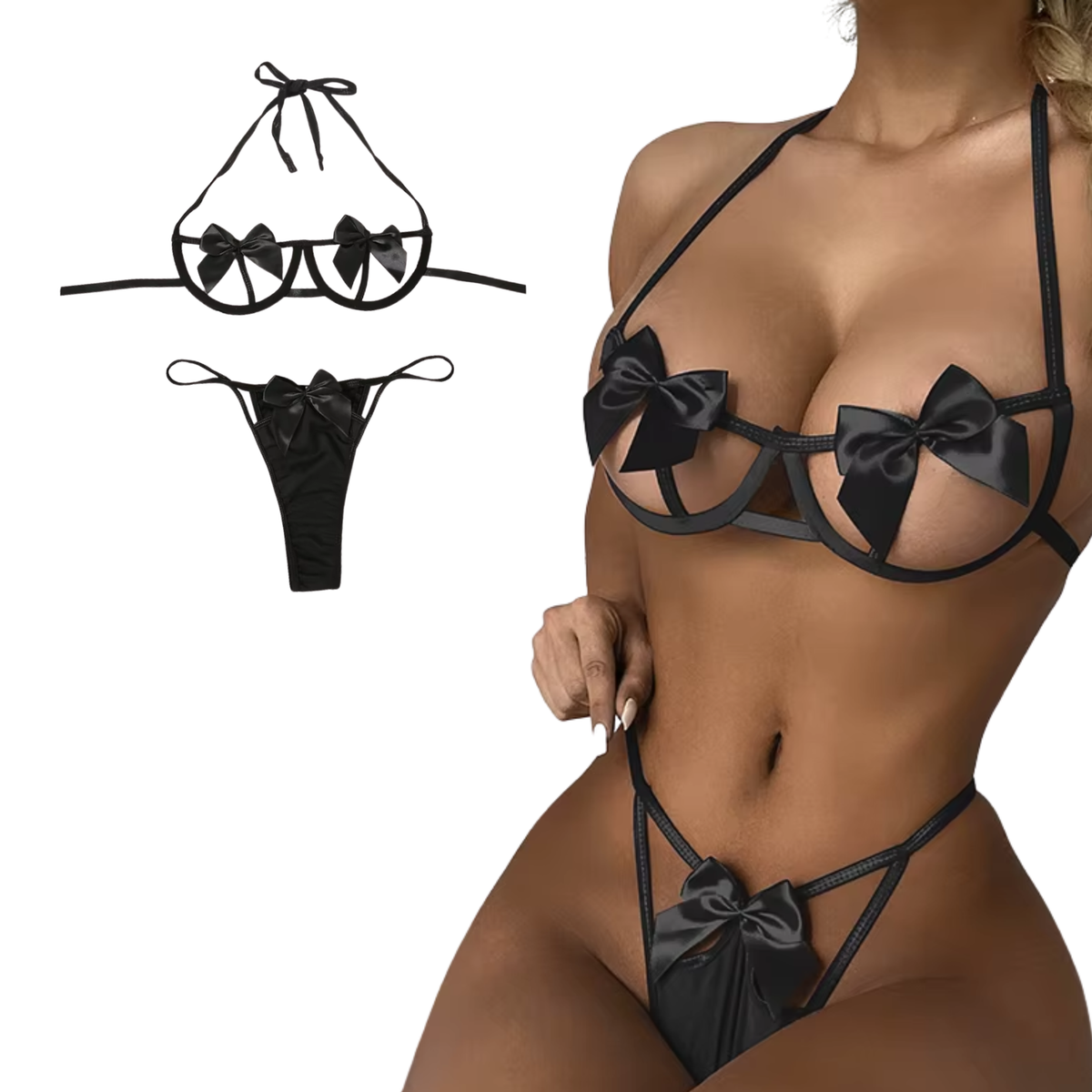 Sexy Dames Lingerieset – Zwart - Met Strikken – Tweedelige Lingerie Set - Halter Bralette Met Strikjes - String - Ondergoed Voor Vrouwen - Maat XXL / 2XL