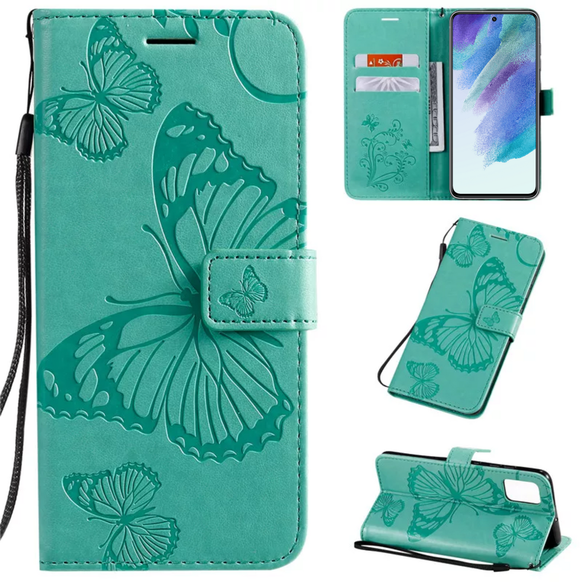 Hoesje Vlinders Groen - Geschikt voor Samsung Galaxy S21 FE - Portemonnee Book Case - Boekje Met Kaarthouder / Pasjeshouder en Magneetsluiting - Booklet - Wallet Beschermhoes - Telefoonhoesje