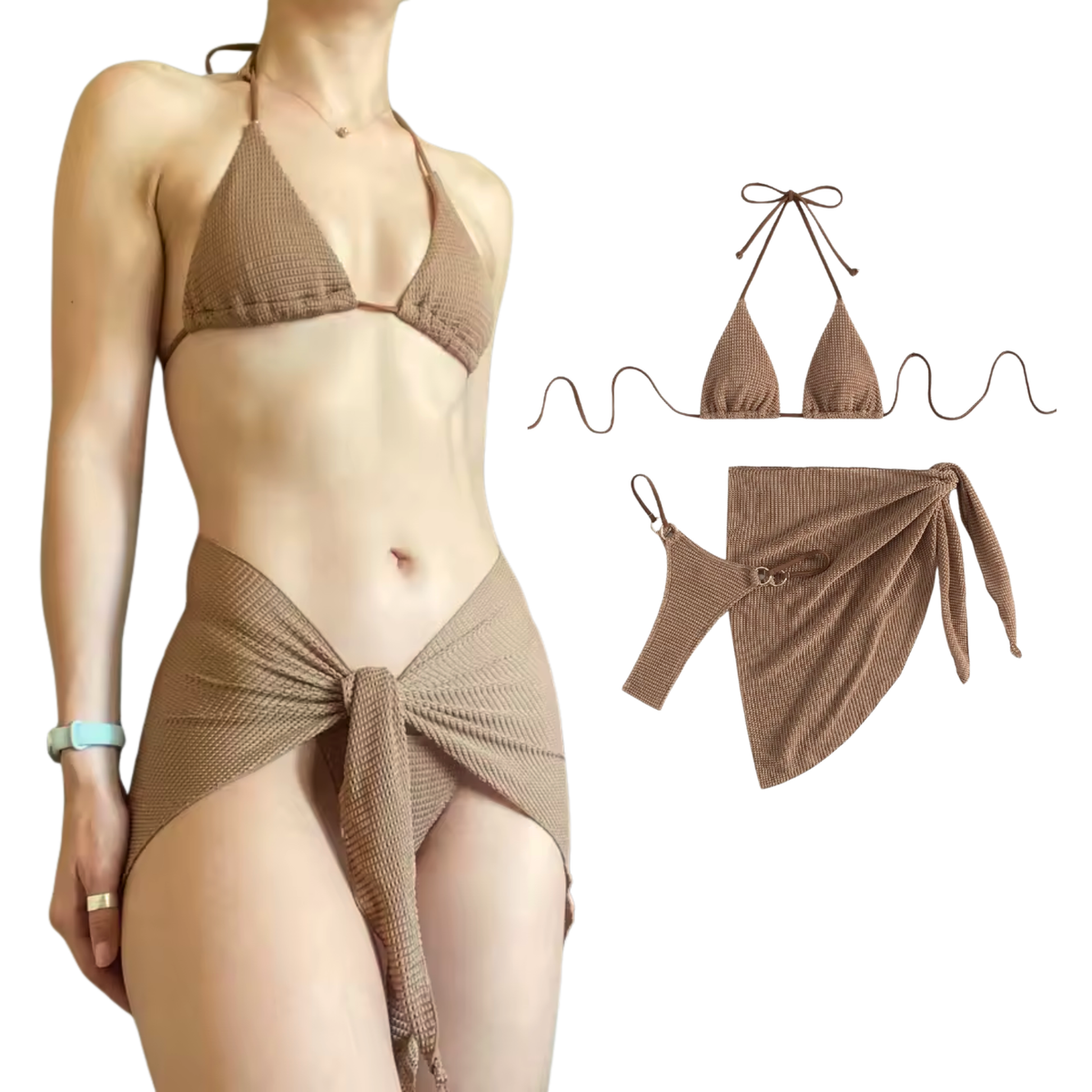 Dames Bikini Set 3 Delig – Beige Bruin - Badkleding / Strandkleding – Driedelige Bikini Set - Halter Bikinitop Zonder Beugel, Bikinislip, Omslagdoek Rok - Vrouwen & Dames - Maat L