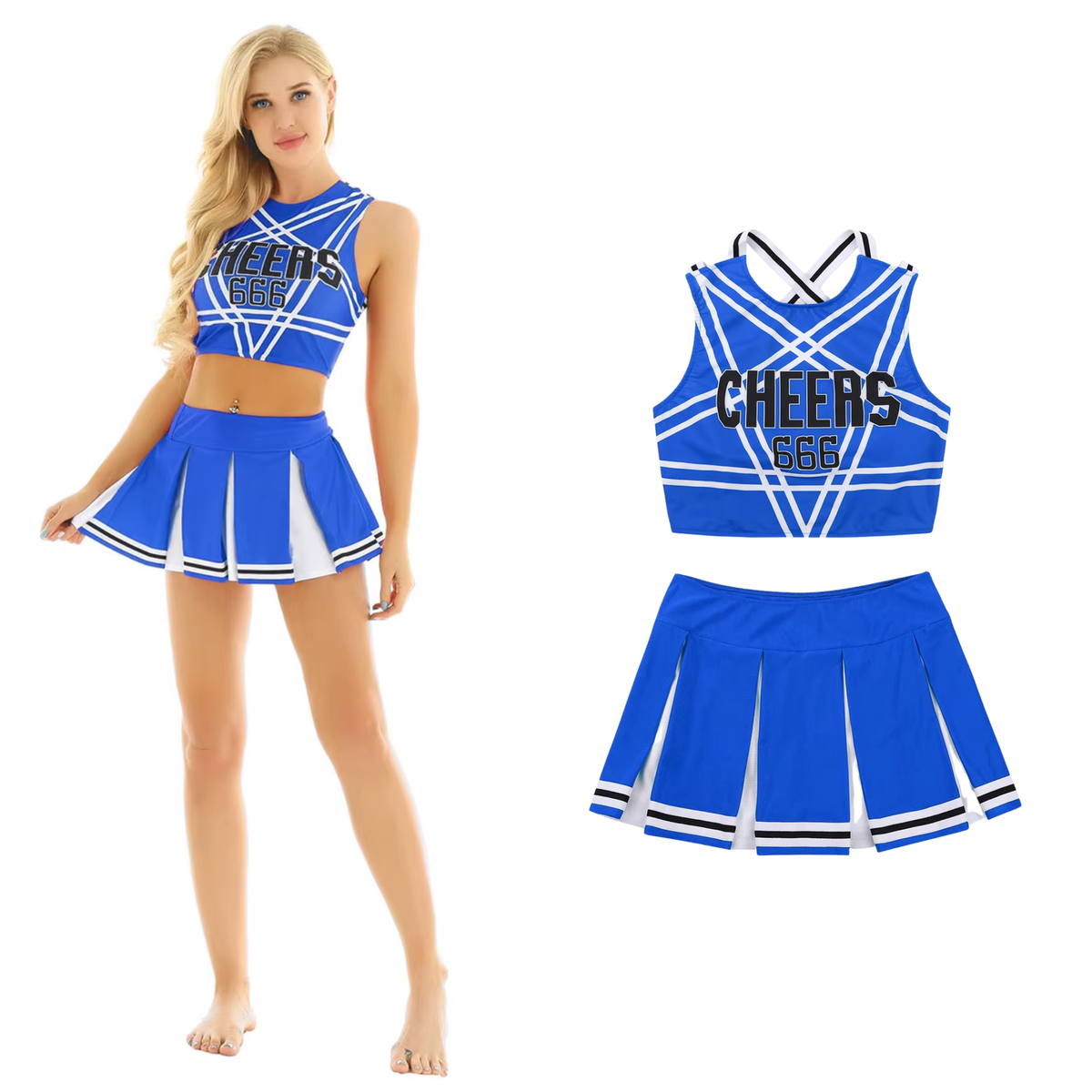 Sexy Cheerleader Kostuum - 2-delig Blauw Verkleedpakje - Rokje & Korte Top Met Open Rug - Rollenspel / Cosplay - Lingerie Ondergoed voor Dames - Maat L