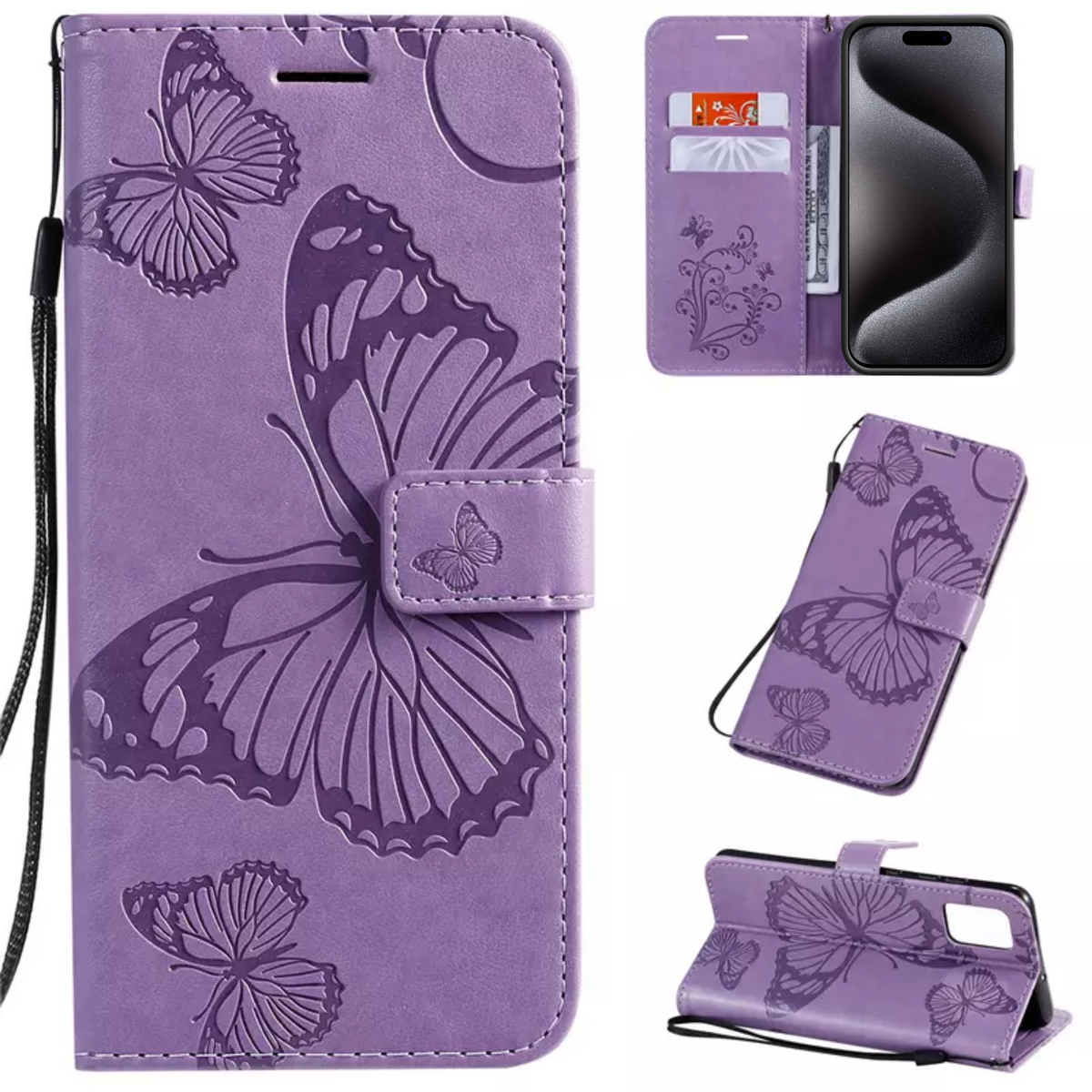 Hoesje Vlinders Paars - Geschikt voor Apple iPhone 15 Plus / 15+ - Portemonnee Book Case - Boekje Met Kaarthouder / Pasjeshouder en Magneetsluiting - Booklet Beschermhoes - Boekhoesje met Draagkoord