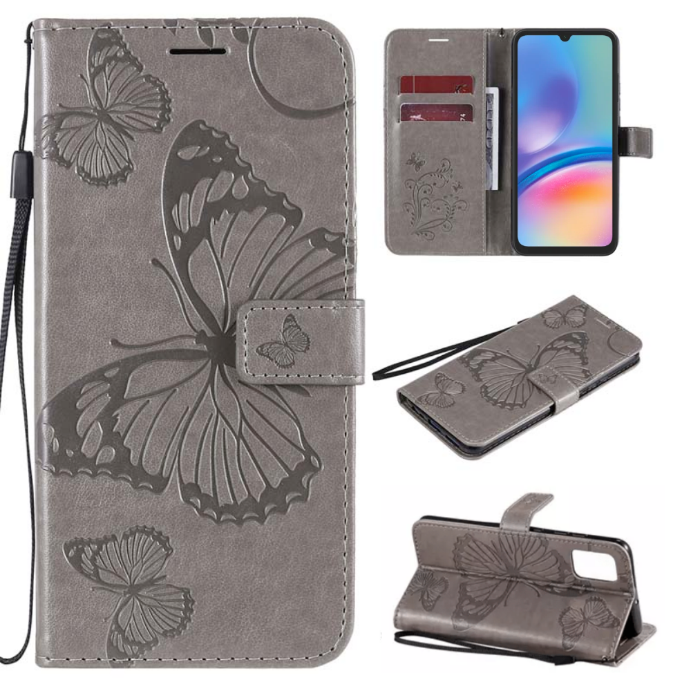 Hoesje Vlinders Grijs geschikt voor Samsung Galaxy A05s - Portemonnee Book Case - Boekje Met Kaarthouder / Pasjeshouder en Magneetsluiting - Booklet - Wallet Beschermhoes - Telefoonhoesje