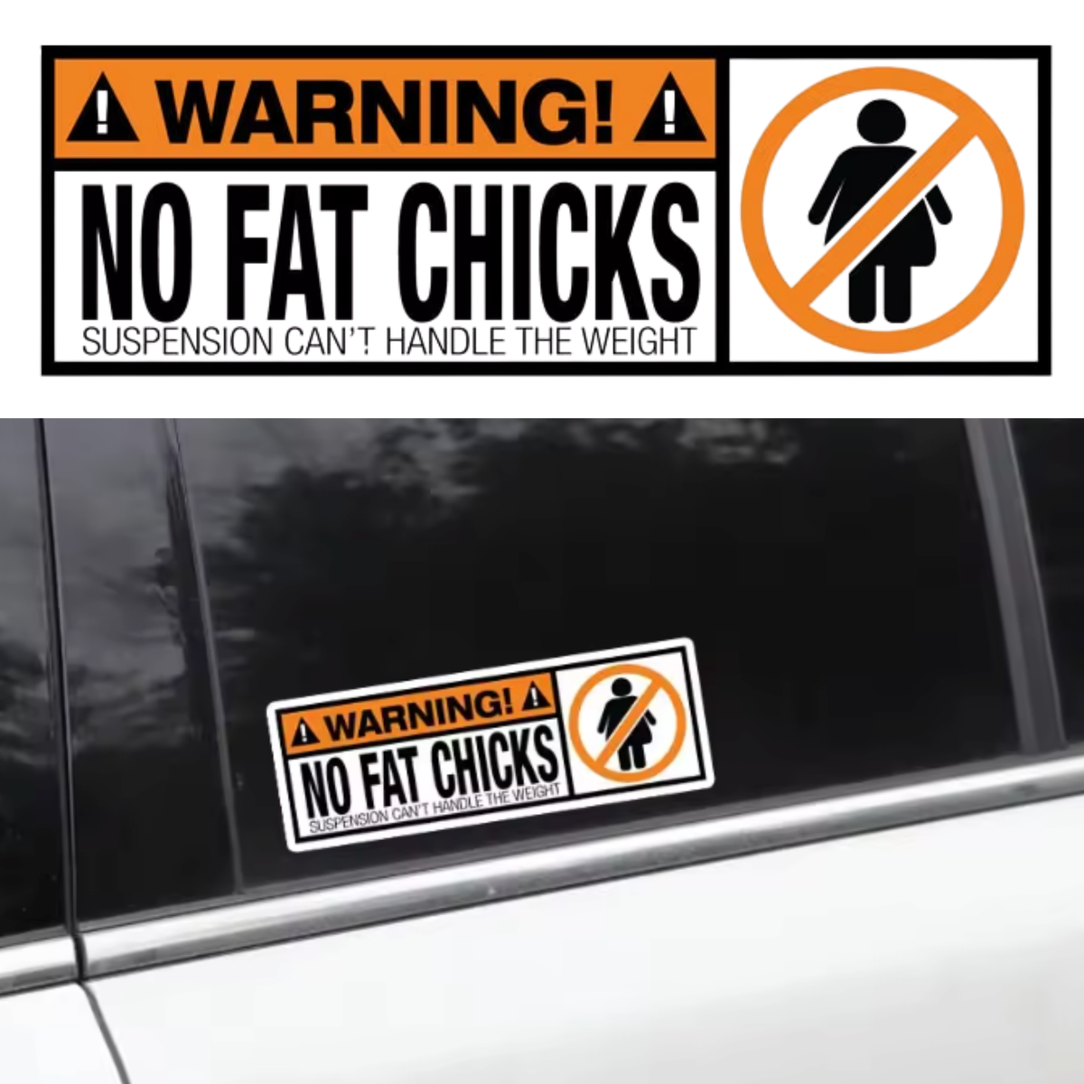 Auto Sticker - WARNING NO FAT CHICKS - Zwart & Oranje - 1 Meme Sticker - Hoogwaardig Vinyl - Autostickers Wrap Folie - Universeel - Embleem - Auto / Scooter / Fatbike Accessoires