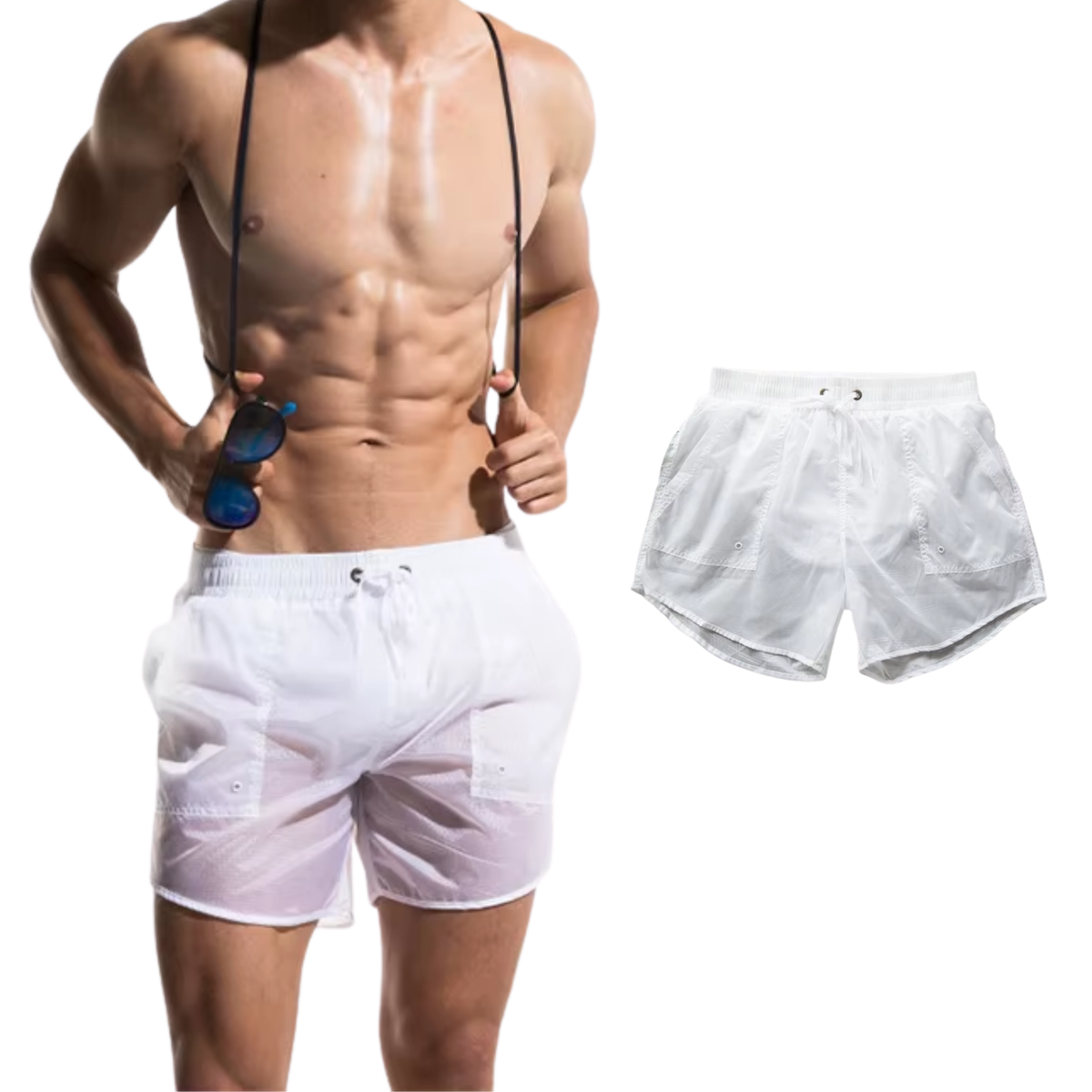 Heren Zwembroek Transparant Wit - Witte Zwemshort - Zwem Boxershort - Sexy Transparant Design - Met Zakken & Voering Binnenbroekje - Mannen - Badkleding / Strandkleding / Zwemkleding - Maat L