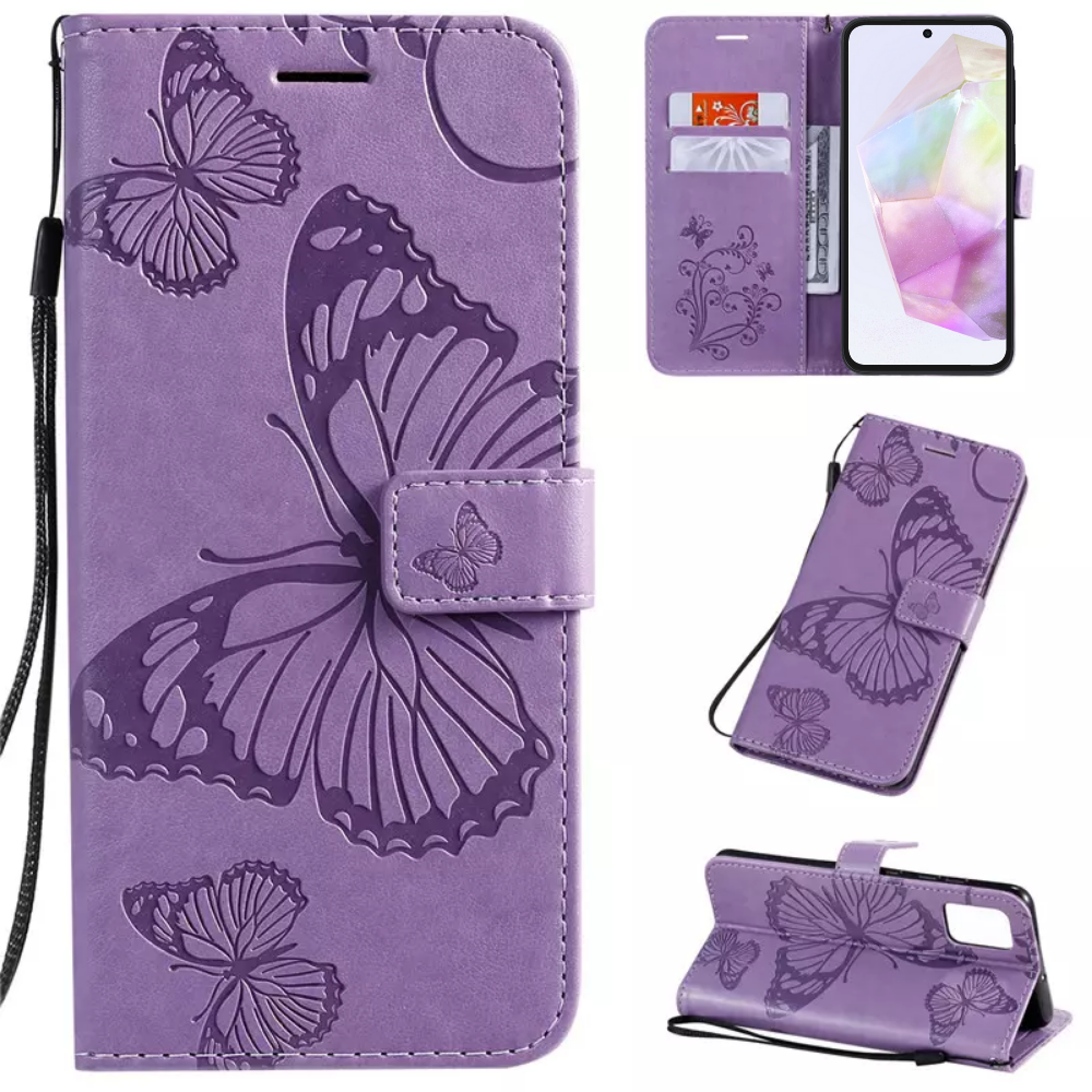 Hoesje Vlinders Paars - Geschikt voor Samsung Galaxy A35 - Portemonnee Book Case - Boekje Met Kaarthouder / Pasjeshouder en Magneetsluiting - Booklet Beschermhoes - Boekhoesje met Draagkoord