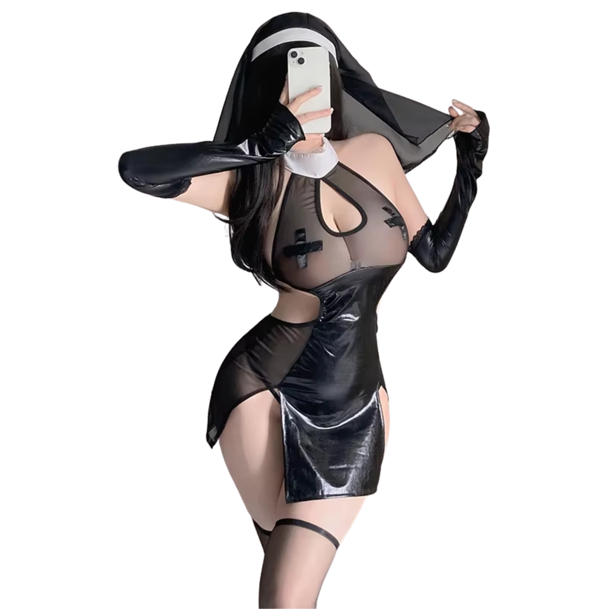 Sexy Nonnen Pakje - 3-Delig Non/Zuster Kostuum Rollenspel - Cosplay & Roleplay - Anime - Latex-look - Jurk, Sluier en Handschoenen - Zwart - L