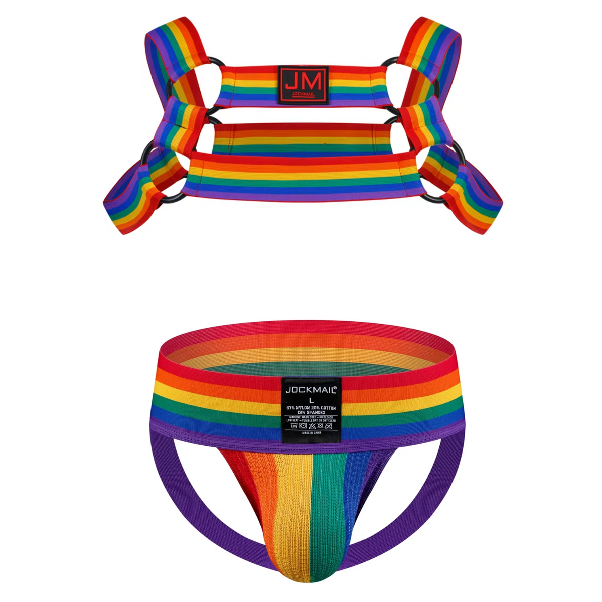 Heren Harnas & Slip Set - Regenboog - Jockstrap - Verstelbaar Bondage Borst Harnas met Open Achterkant - Pride LGBTQI+ - Ringen - One Size - Erotiek & Bondage Lingerie voor Mannen - Maat XL