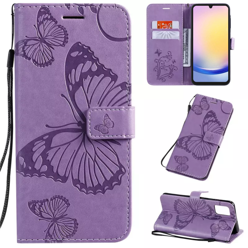 Hoesje Vlinders Paars - Geschikt voor Samsung Galaxy A25 - Portemonnee Book Case - Boekje Met Kaarthouder / Pasjeshouder en Magneetsluiting - Booklet Beschermhoes - Boekhoesje met Draagkoord