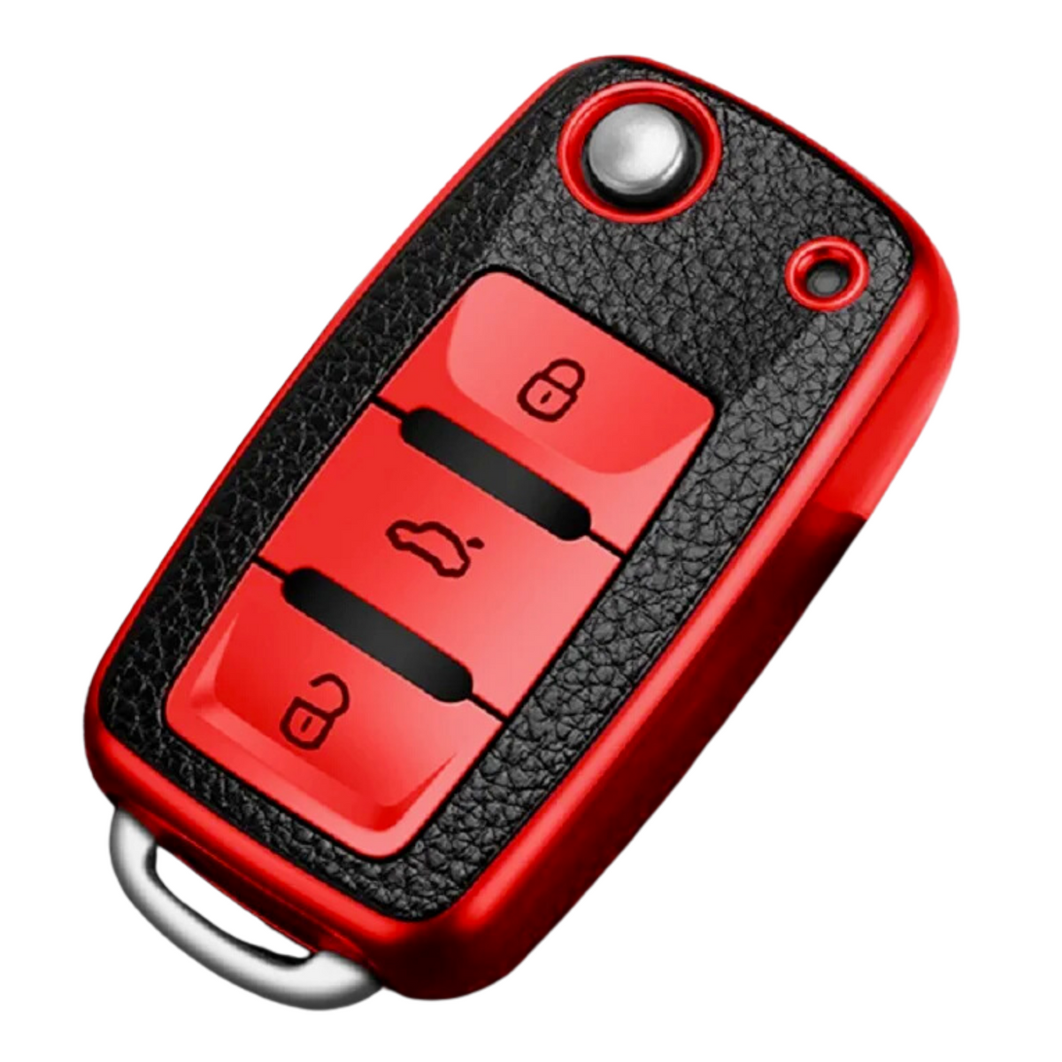 TPU Sleutelcover - Sleutelhoesje Geschikt voor Volkswagen Golf / Polo / Tiguan / Up / Passat / Seat Leon / Skoda Citigo - Metallic Rood en Zwart Leer - Flexibele Sleutel Cover - Zacht Hoesje - Auto Accessoires