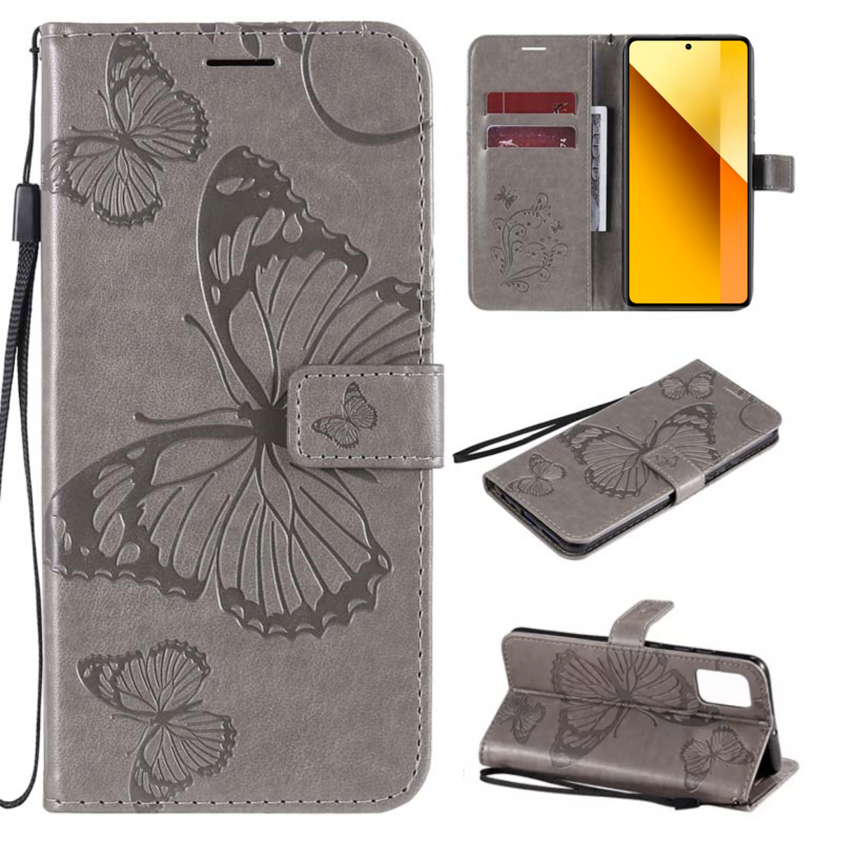 Hoesje Vlinders Grijs - Geschikt voor Xiaomi Redmi Note 13 5G - Portemonnee Book Case - Boekje Met Kaarthouder / Pasjeshouder en Magneetsluiting - Booklet - Wallet Beschermhoes - Telefoonhoesje