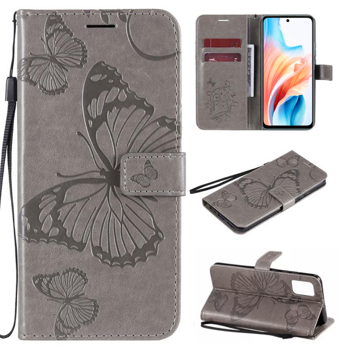 Hoesje Vlinders Grijs geschikt voor OPPO A79 5G - Portemonnee Book Case - Boekje Met Kaarthouder / Pasjeshouder en Magneetsluiting - Booklet - Wallet Beschermhoes - Telefoonhoesje