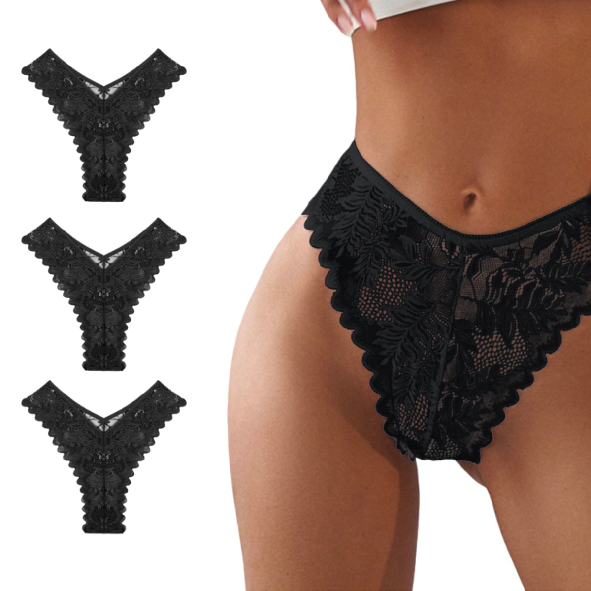 High Waist Dames String van Kant - 3 Pack - Zwart - Vrouwen Lingerie / Onderbroek / Ondergoed Set - Maat XL