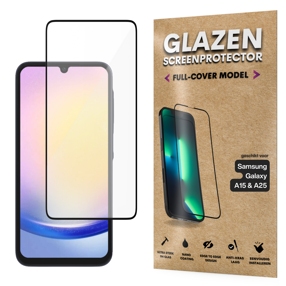 Screenprotector - Geschikt voor Samsung Galaxy A15 / A25 - Gehard Glas - Full Cover Tempered Glass - Case Friendly