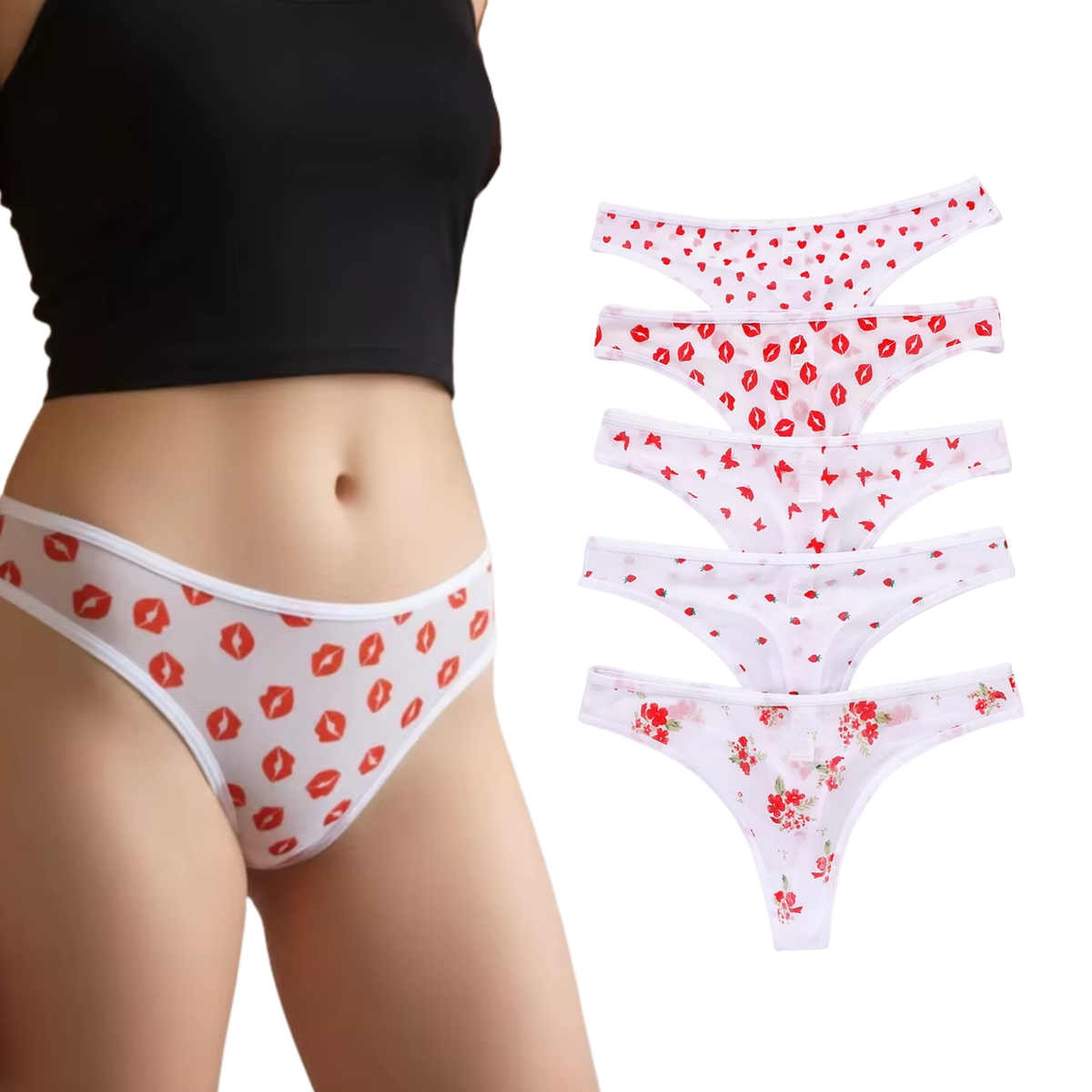 5 Pack - Transparante Strings Van Mesh – Rode Patroontjes - Sexy Doorschijnend Dames Ondergoed - Wit & Rood - Comfortabel en Sexy - Onderbroeken / Slips Voor Vrouwen - Maat M