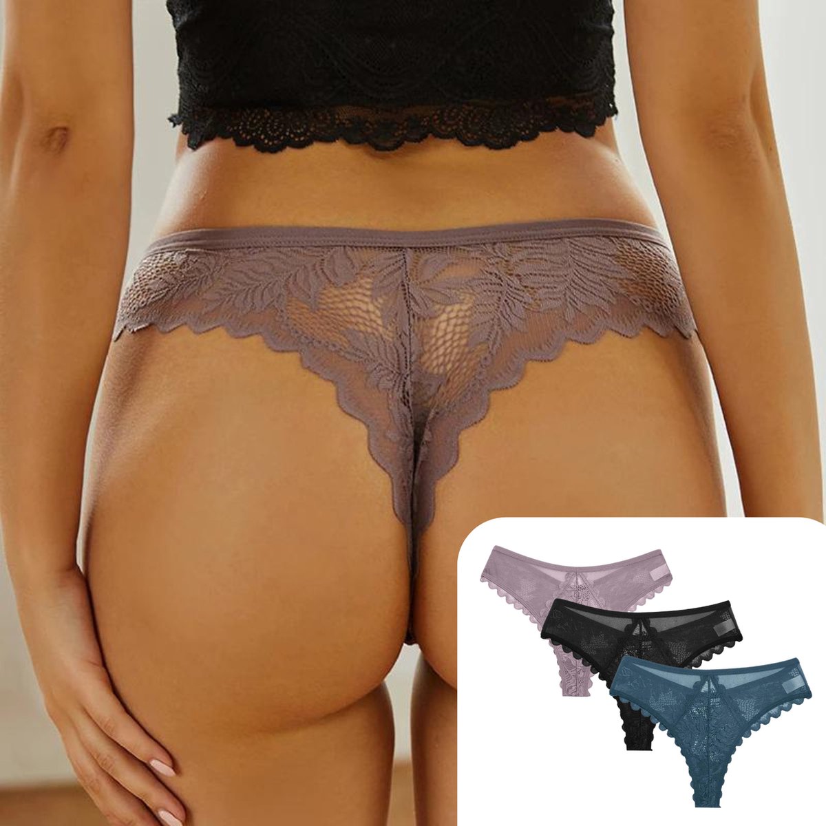 3 Pack - Sexy Brazilian Dames String - Kant - Groen, Nude en Zwart - Dames Lingerie / Ondergoed Set - Maat S