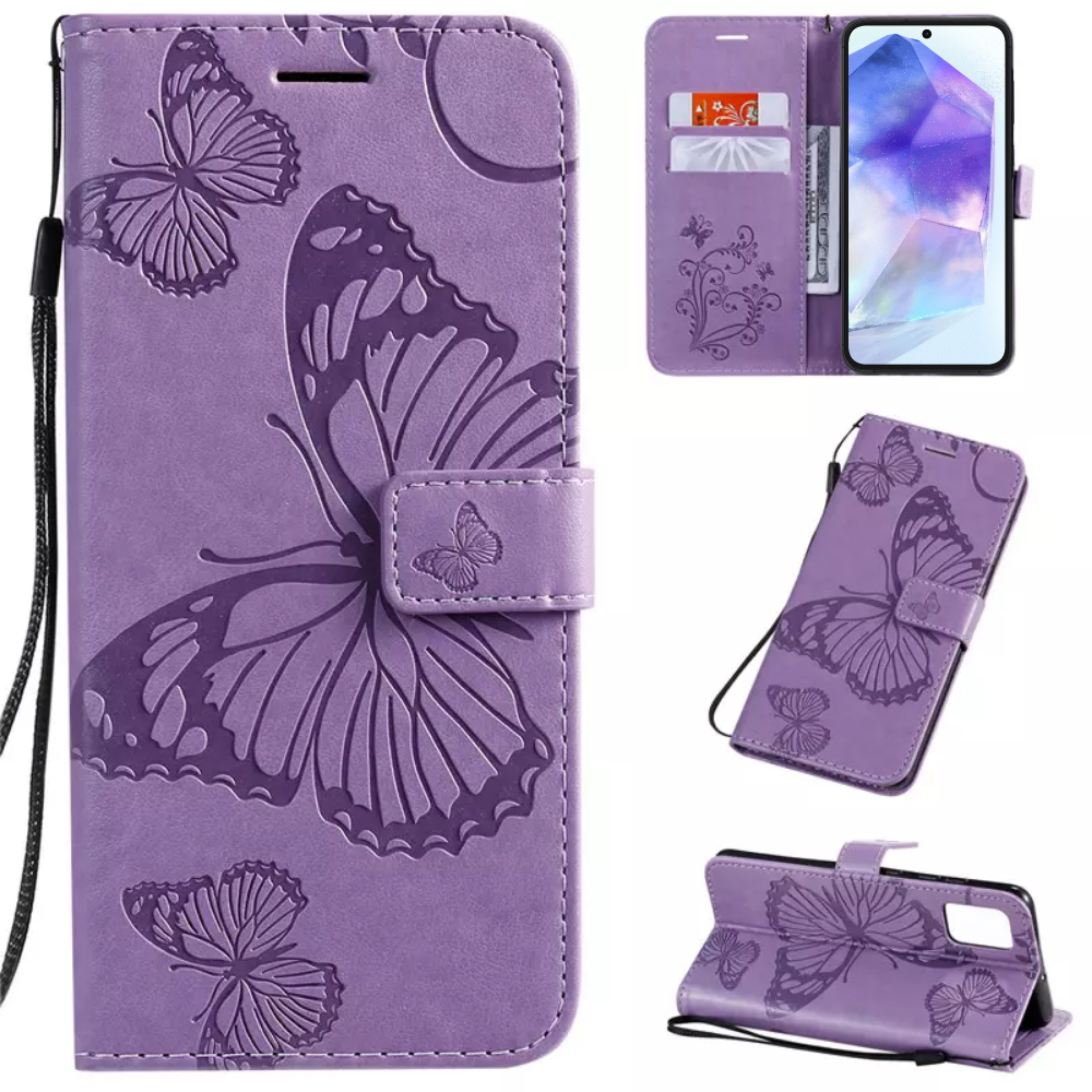 Hoesje Vlinders Paars - Geschikt voor Samsung Galaxy A55 - Portemonnee Book Case - Boekje Met Kaarthouder / Pasjeshouder en Magneetsluiting - Booklet Beschermhoes - Boekhoesje met Draagkoord