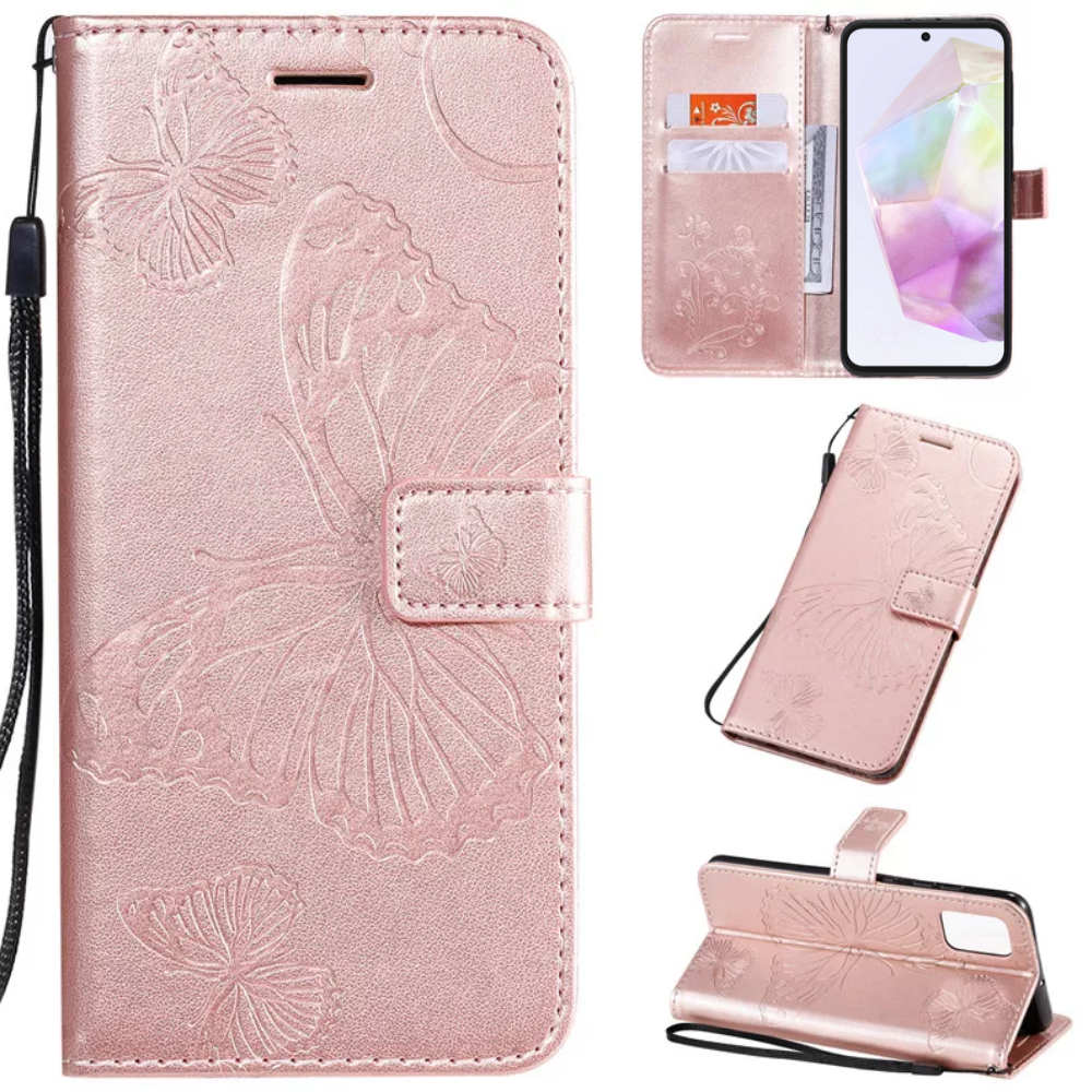 Hoesje Vlinders Roze - Geschikt voor Samsung Galaxy A35 - Portemonnee Book Case - Boekje Met Kaarthouder / Pasjeshouder en Magneetsluiting - Booklet Beschermhoes - Boekhoesje met Draagkoord