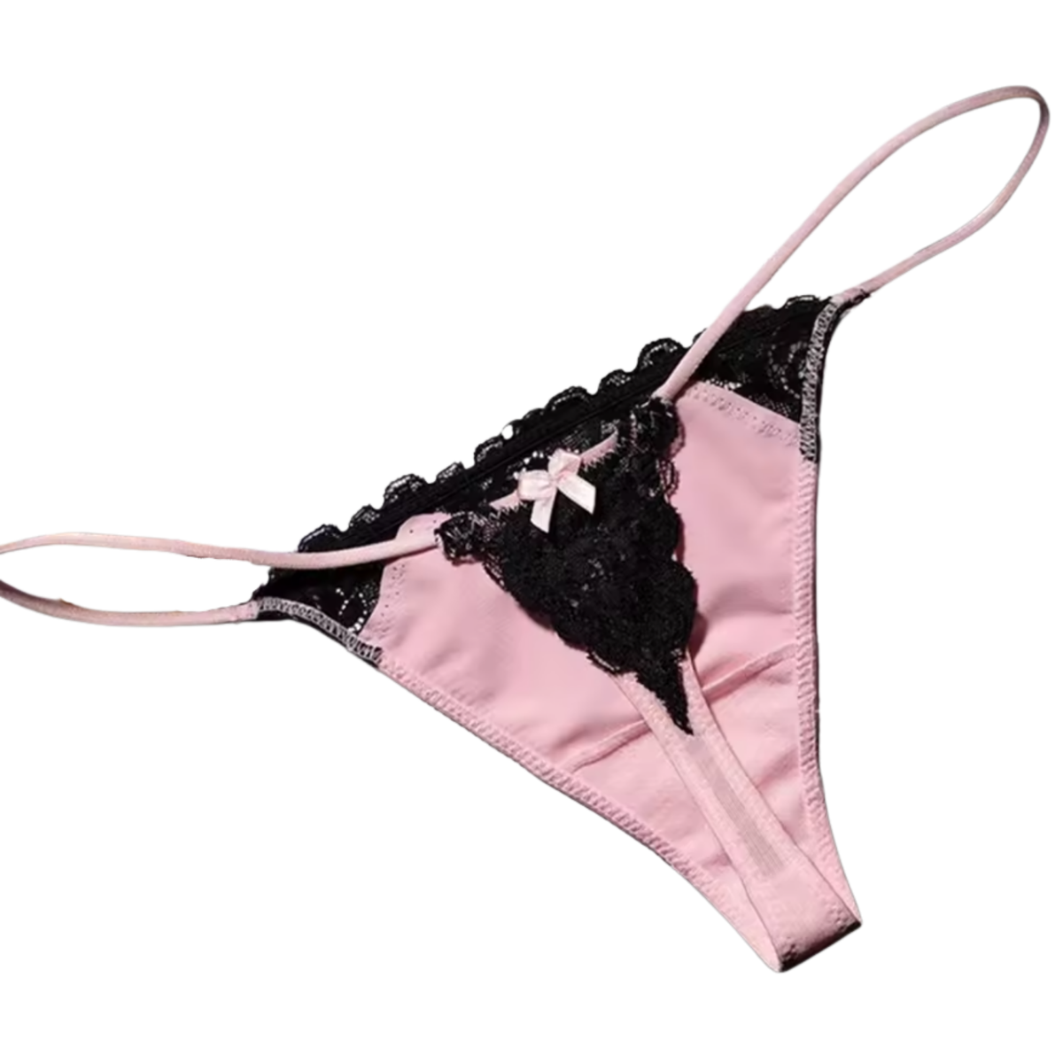 Sexy Dames String – Licht Roze - Satijn & Zwart Kant - Dunne Bandjes – Lingerie Voor Vrouwen - Comfortabel Ondergoed - Slip / Onderbroek - Maat S