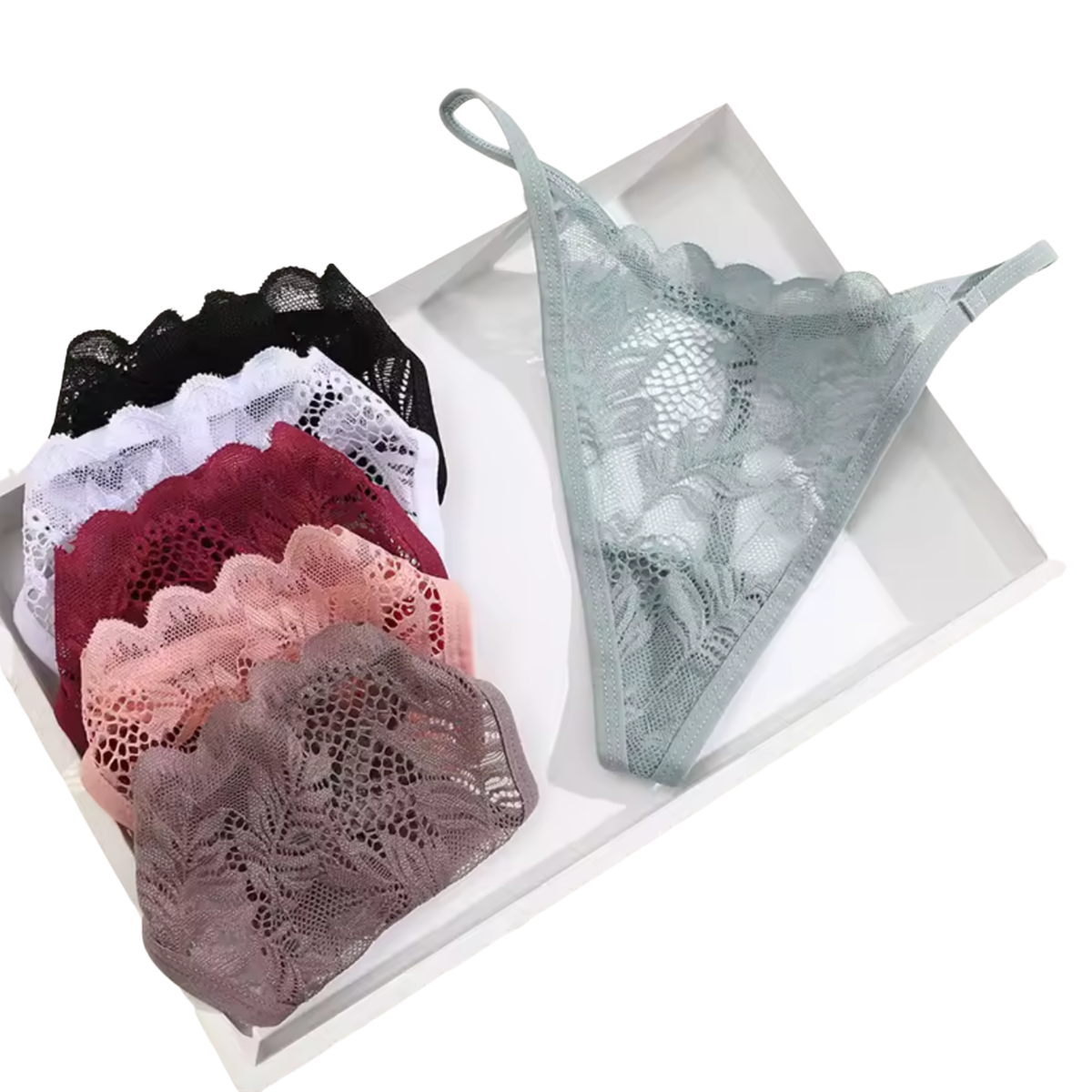 6 Pack Kanten Strings – Zachte, Sexy & Comfortabele Lingerie – Dames Ondergoed - Onderbroeken en Slips Voor Vrouwen - Zwart / Wit / Groen / Rood / Taupe / Roze - Maat XL