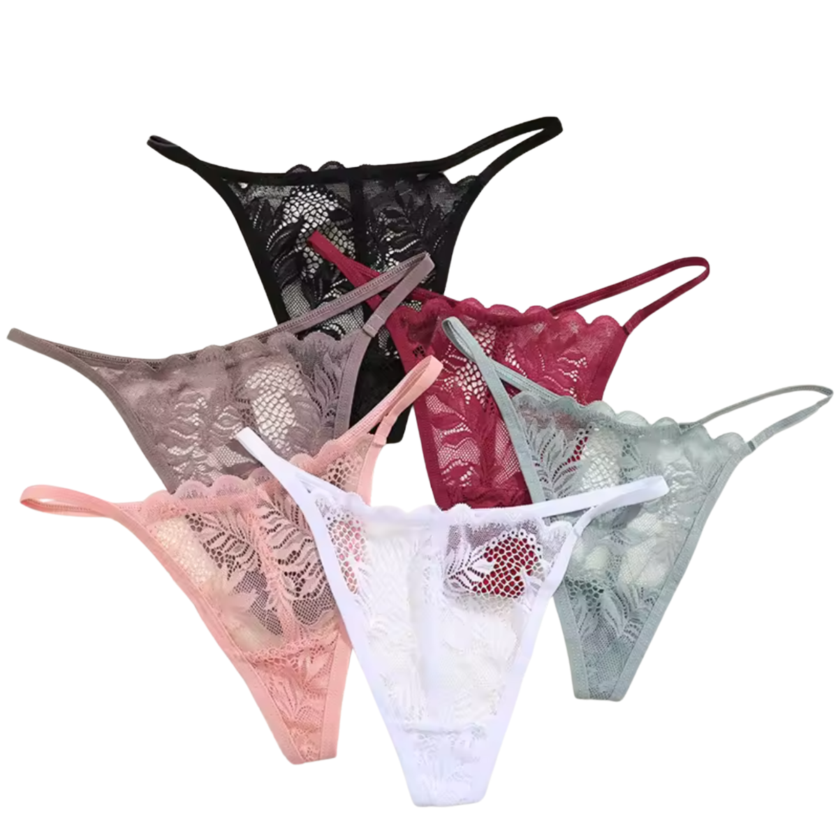 6 Pack Kanten Strings – Zachte, Sexy & Comfortabele Lingerie – Dames Ondergoed - Onderbroeken en Slips Voor Vrouwen - Zwart / Wit / Groen / Rood / Taupe / Roze - Maat L