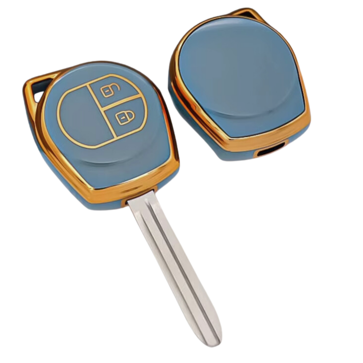 Zachte TPU Sleutelcover - Sleutelhoesje Geschikt voor Suzuki Swift / Grand Vitara / SX4 / Vitara / Jimny / Celerio - Blauw met Goud - Key Cover - Auto Accessoires