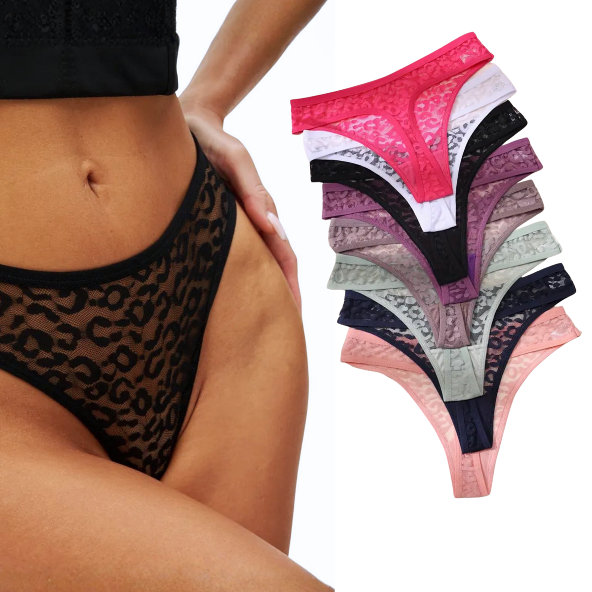 8 Pack - Sexy Dames String - Groen, Paars, Wit, Donker Roze, Taupe, Licht Roze, Donker Blauw en Licht Blauw - Onderbroek met Panter Print Design - Dames Lingerie / Ondergoed Set - Maat XL