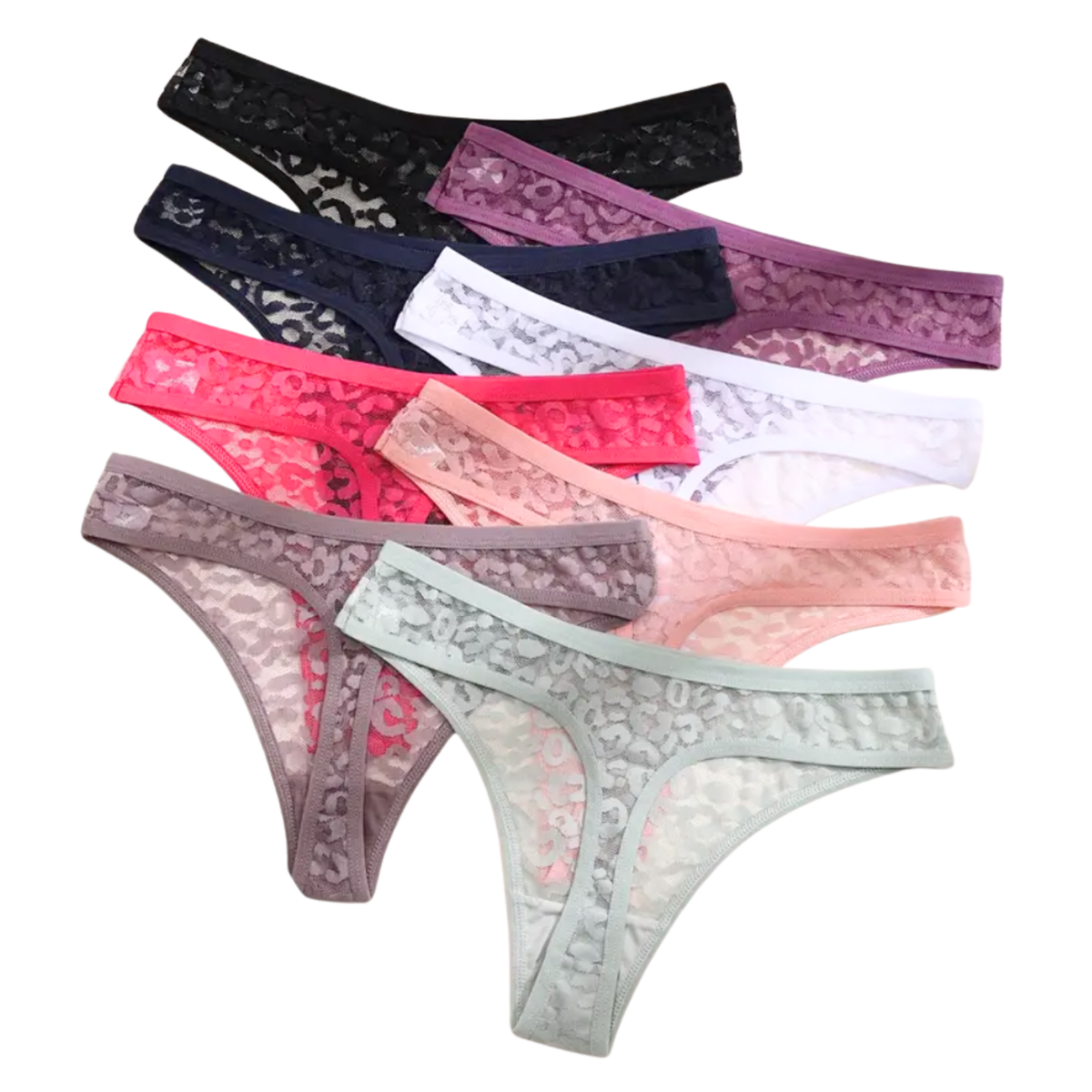 8 Pack - Sexy Dames String - Groen, Paars, Wit, Donker Roze, Taupe, Licht Roze, Donker Blauw en Licht Blauw - Onderbroek met Panter Print Design - Dames Lingerie / Ondergoed Set - Maat S
