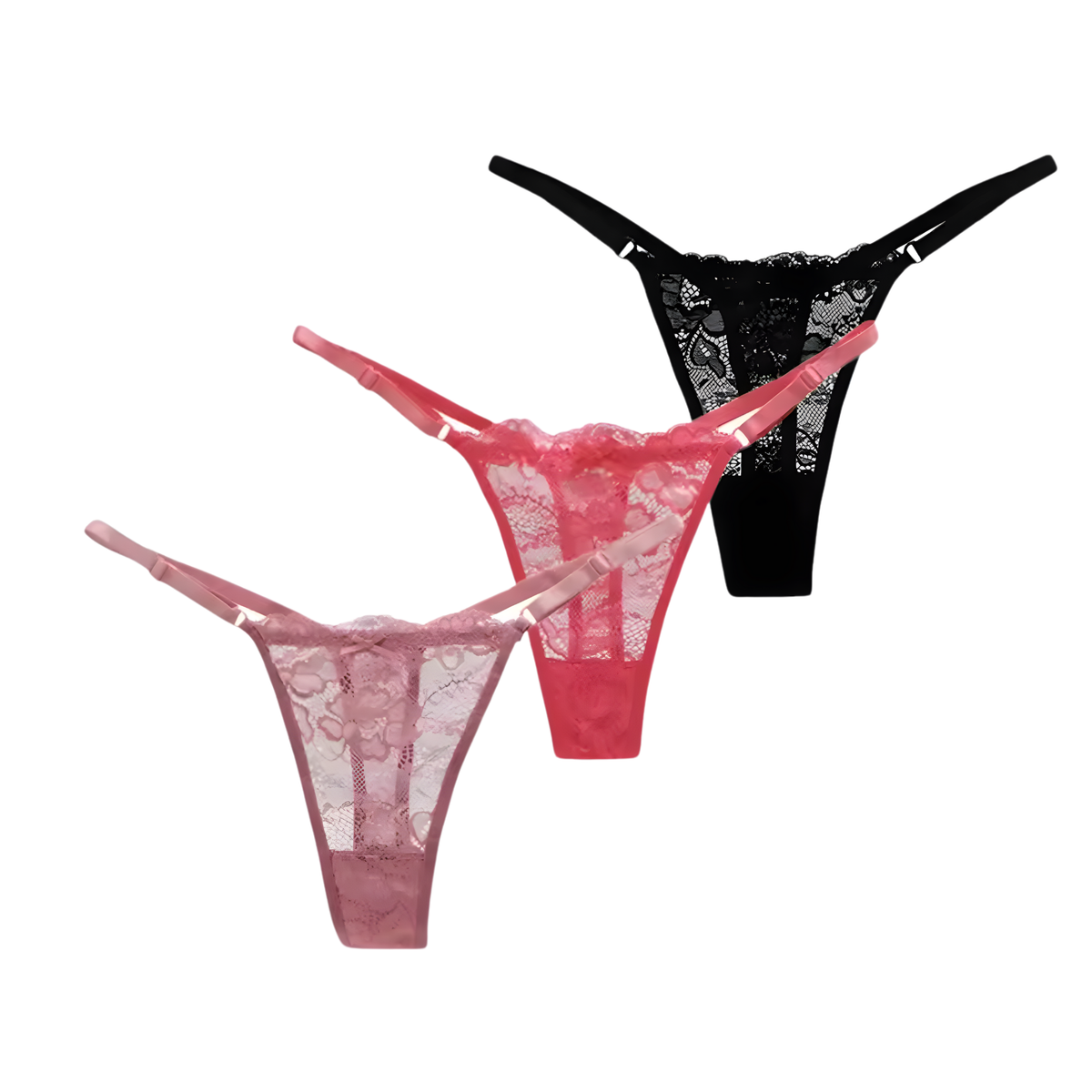 3 Pack - Sexy Dames Strings Zwart, Roze en Taupe - Comfortabel en Zacht Kant - Verstelbare Bandjes - String Met Kanten Design - Onderbroeken en Slips voor Vrouwen - Dames Lingerie / Ondergoed Set - Maat M