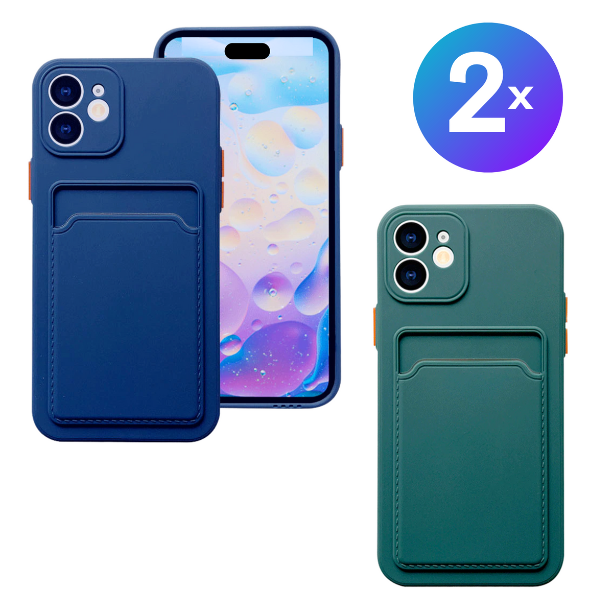 Set van 2 - Stevig TPU Hoesje - Geschikt voor Apple iPhone 16 Plus / 16+ - Met Kaarthouder - Donkergroen & Donkerblauw - Shockproof Case met Pasjeshouder - TPU Hoes Met Vakje Voor Pasje - Card Case Back Cover