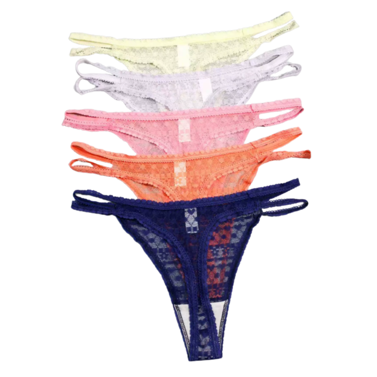 5 Pack Transparante Strings Van Kant – Sexy Kanten Dames Ondergoed - Geel, Lila, Roze, Oranje en Blauw - Transparant, Comfortabel en Sexy - Onderbroeken / Slips Voor Vrouwen - Maat M
