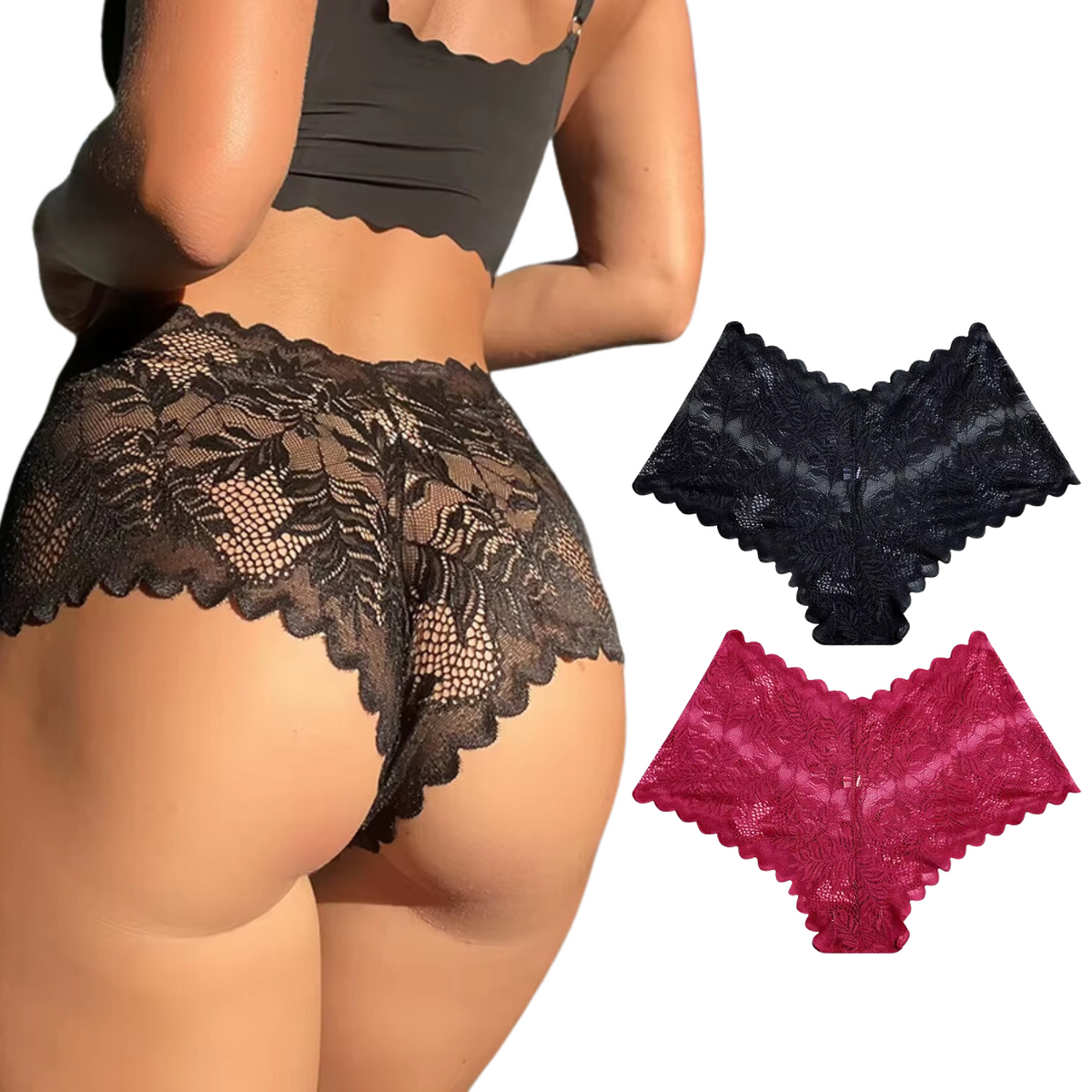 2 Pack - Dames Slip Kant High Waist - Zwart en Rood - Sexy Onderbroek Doorzichtig - Dames Lingerie / Ondergoed Set - String - Maat XL