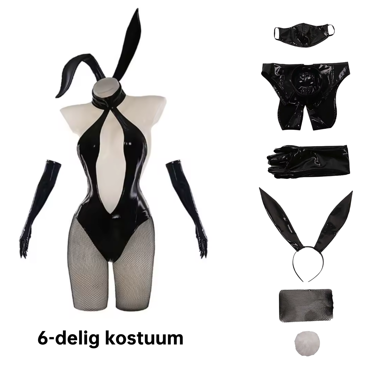 Sexy Bunny Pakje - 6 Delig Konijnen Kostuum Rollenspel - Cosplay & Roleplay - Anime - Latex-look - Body, Haarband, Handschoenen, Panty, Staart en Masker - Zwart - One Size
