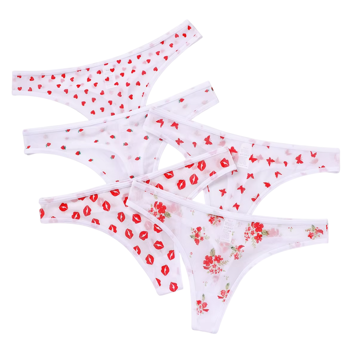 5 Pack - Transparante Strings Van Mesh – Rode Patroontjes - Sexy Doorschijnend Dames Ondergoed - Wit & Rood - Comfortabel en Sexy - Onderbroeken / Slips Voor Vrouwen - Maat M
