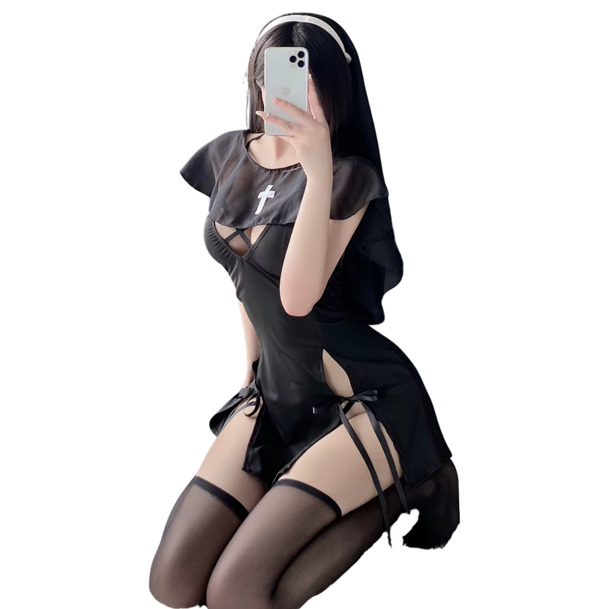 Sexy Nonnen Lingerie Kostuum - 4-Delig Non/Zuster Kostuum Rollenspel - Cosplay & Roleplay - Anime - Jurk, Cape, Sluier en String - Zwart - One Size