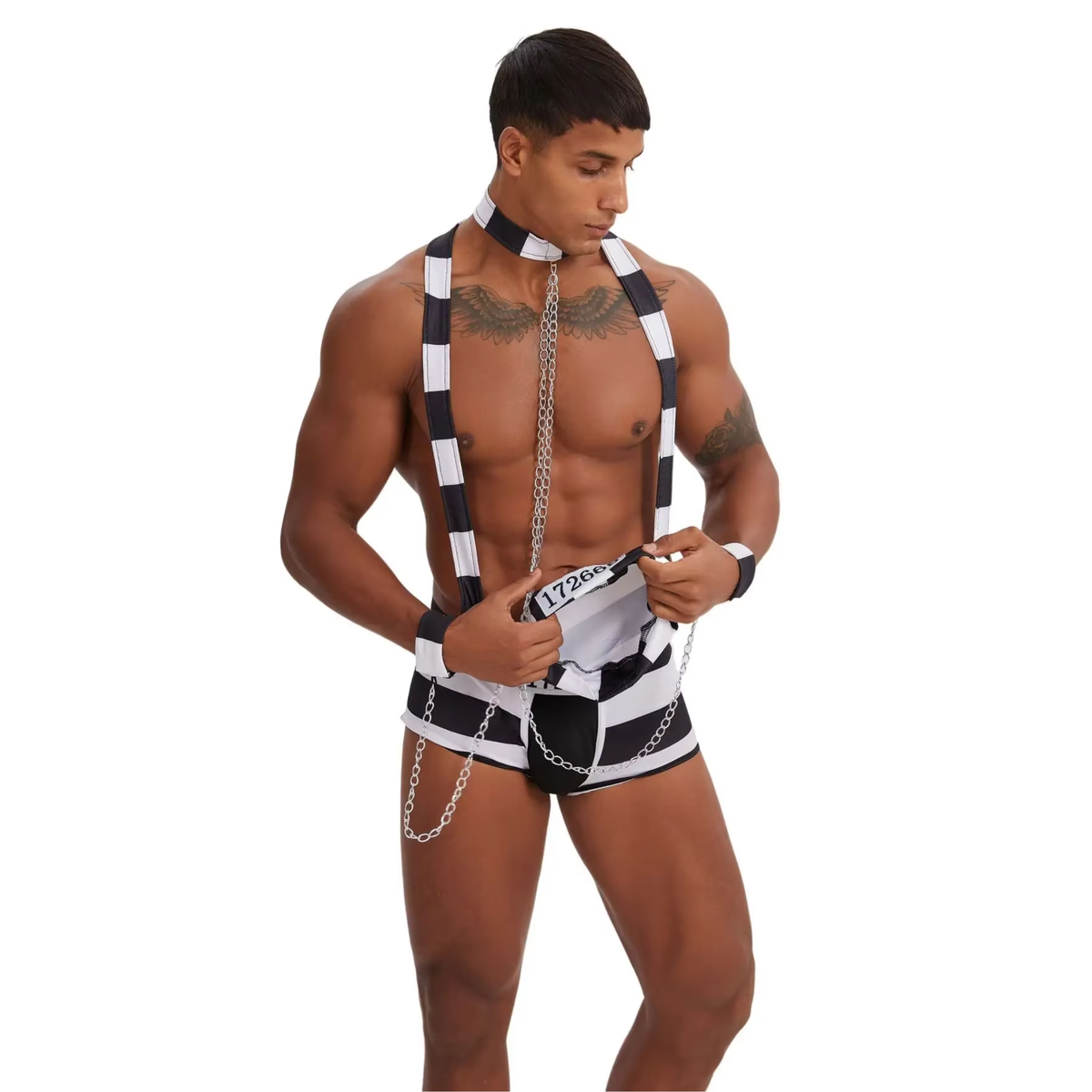 3-Delig Sexy Heren Kostuum - Boef / Gevangene - Boxer met Bretels, Muts, Kraag Met Polsbanden En Kettingen - Zwart & Wit - Mannen - Heren Lingerie - Vrijgezellenfeest - One Size