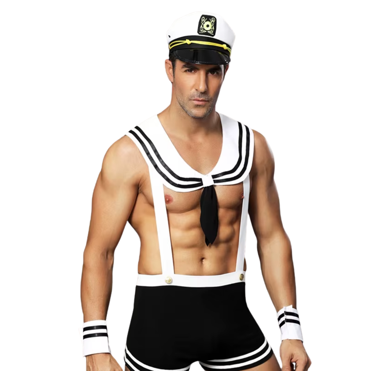 4-Delig Sexy Heren Kostuum - Zeeman / Sailor / Kapitein - Boxer met Bretels, Pet, Kraag en Polsbanden - Zwart & Wit - Mannen - Heren Lingerie - Vrijgezellenfeest - One Size
