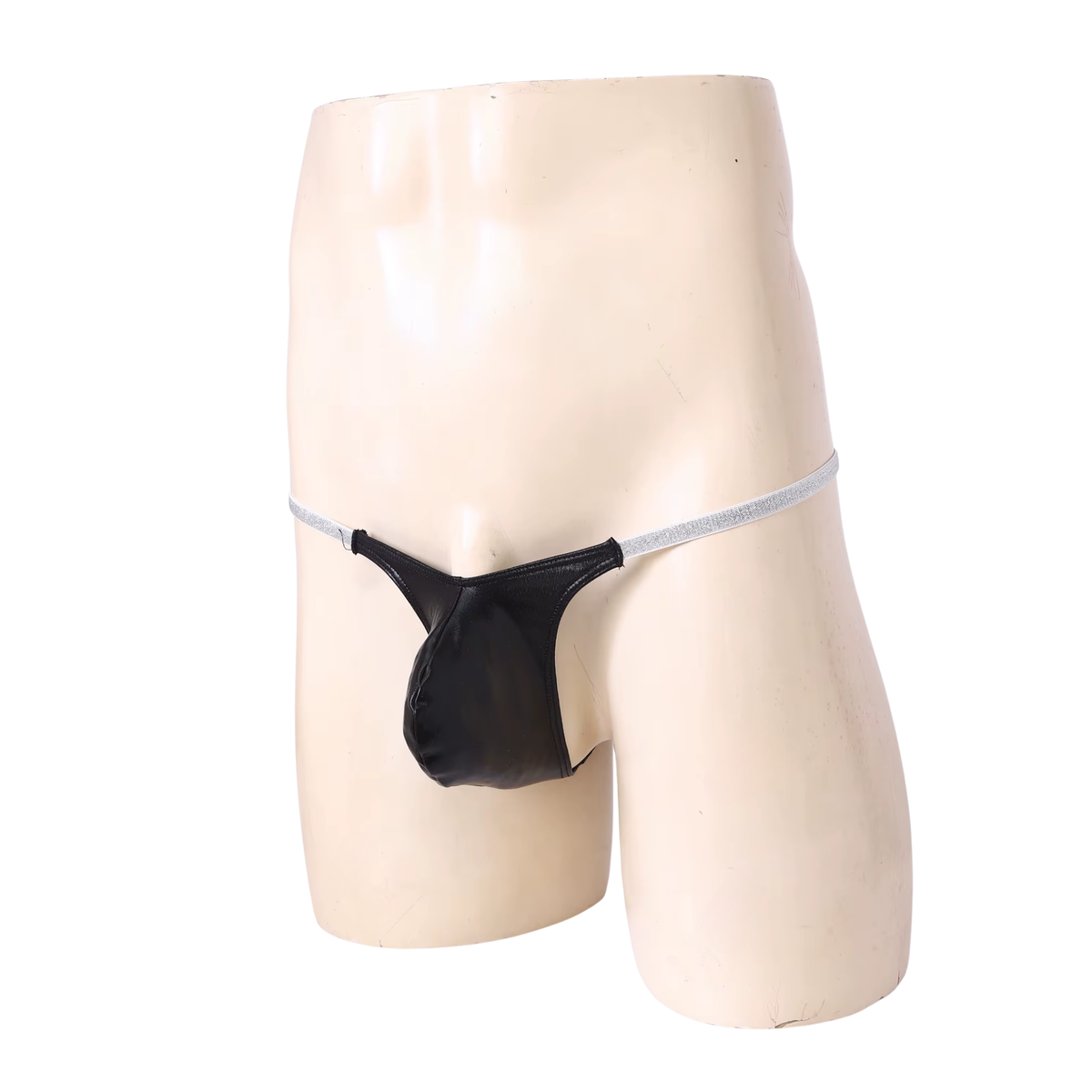 Heren Glanzende G-String – Zwart - Sexy Pouch Ondergoed - Mini String - Smalle Zilveren Bandjes - Lage Taille & Hoge Elasticiteit – Ondergoed / Onderbroek / Slip - Mannen Lingerie - One Size