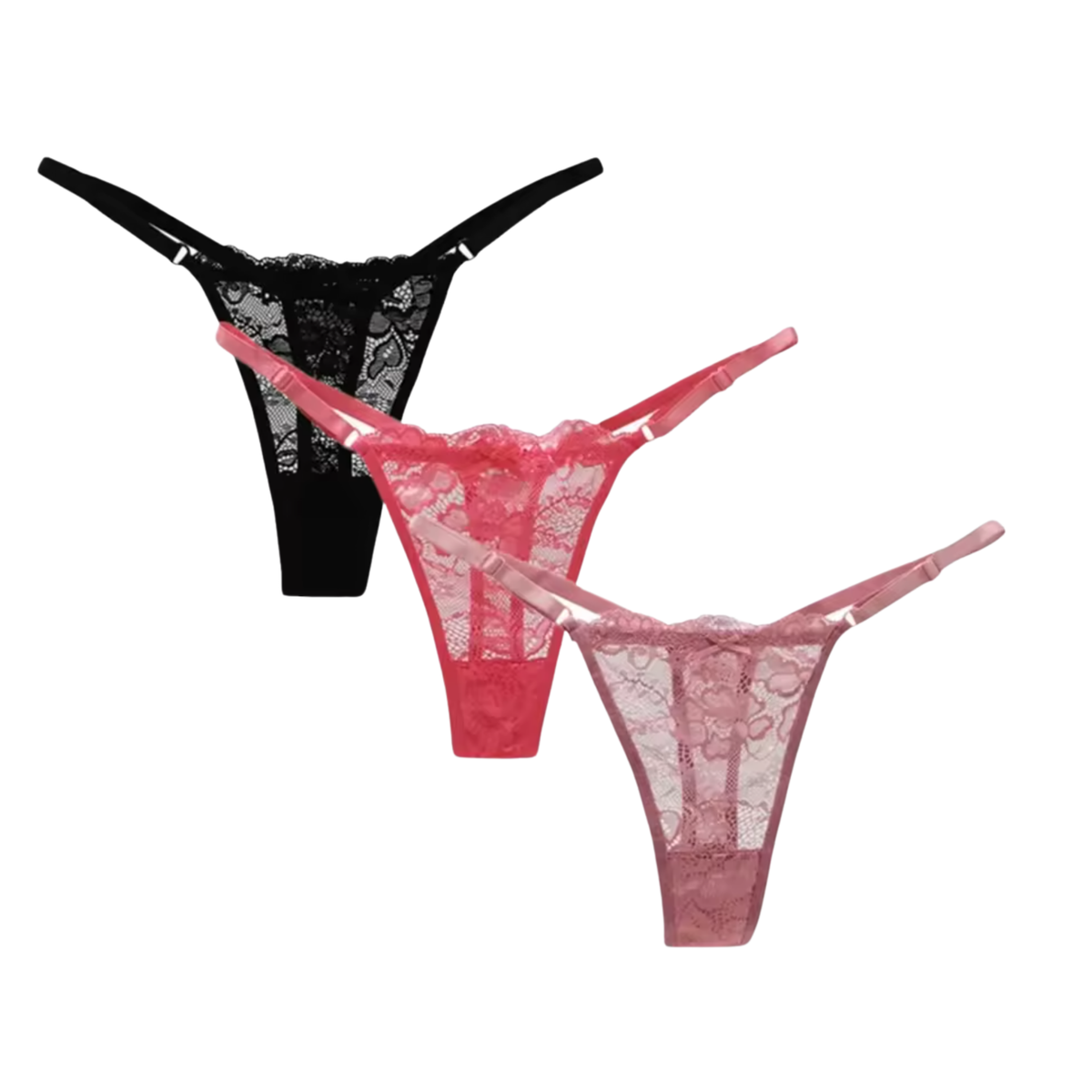 3 Pack - Sexy Dames Strings Zwart, Roze en Taupe - Comfortabel en Zacht Kant - Verstelbare Bandjes - String Met Kanten Design - Onderbroeken en Slips voor Vrouwen - Dames Lingerie / Ondergoed Set - Maat XL