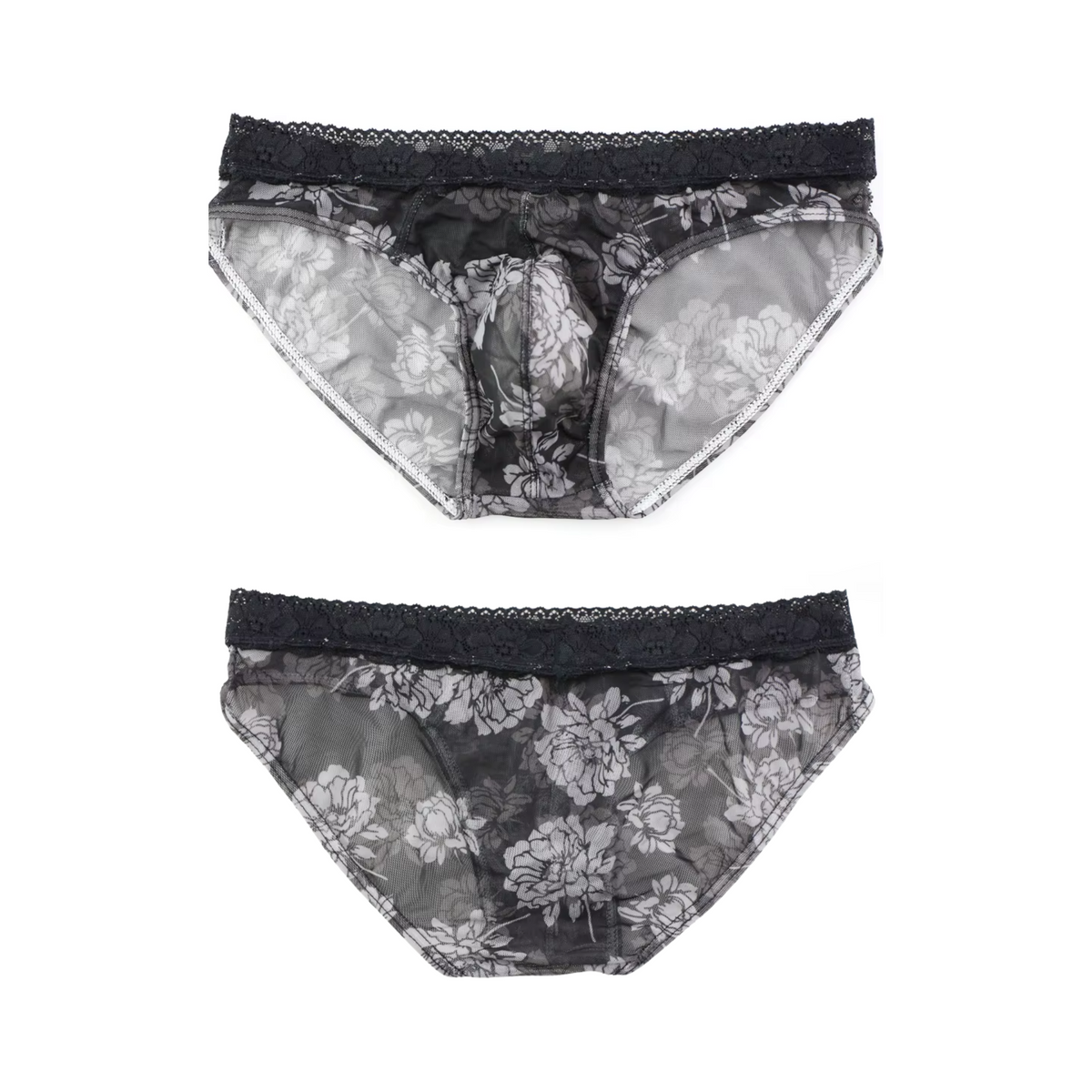 Heren Slip Doorzichtig met Bloemen - Mesh Slip Gebloemd Zwart & Wit - Sexy Transparant Design - Mannen Onderbroek - Lingerie Voor Mannen - Ondergoed Maat L