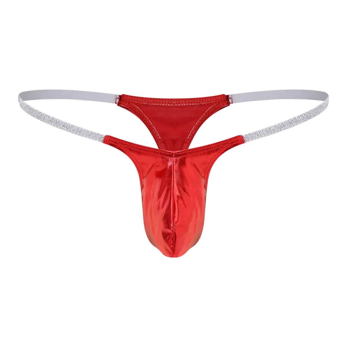 Heren Glanzende G-String – Rood - Sexy Pouch Ondergoed - Mini String - Smalle Zilveren Bandjes - Lage Taille & Hoge Elasticiteit – Ondergoed / Onderbroek / Slip - Mannen Lingerie - One Size