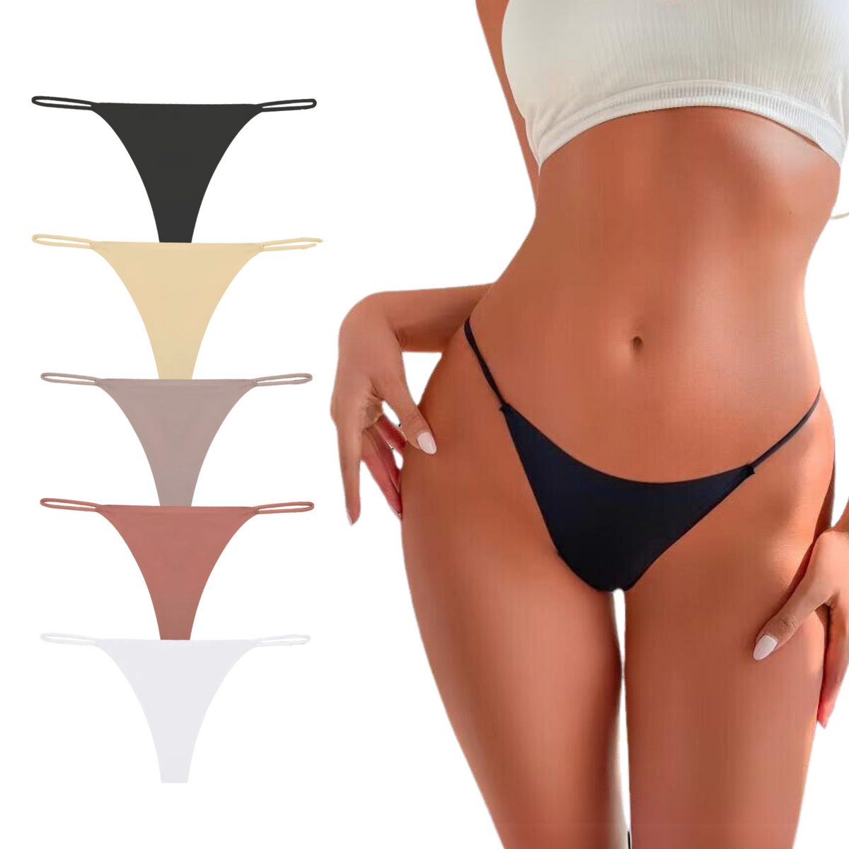 5 Pack - Dames String Naadloos - Invisible - Nude, Roze, Zwart, Taupe, en Wit - Onderbroek Zonder Naden - Seamless String - Dames Lingerie / Ondergoed Set - Maat M