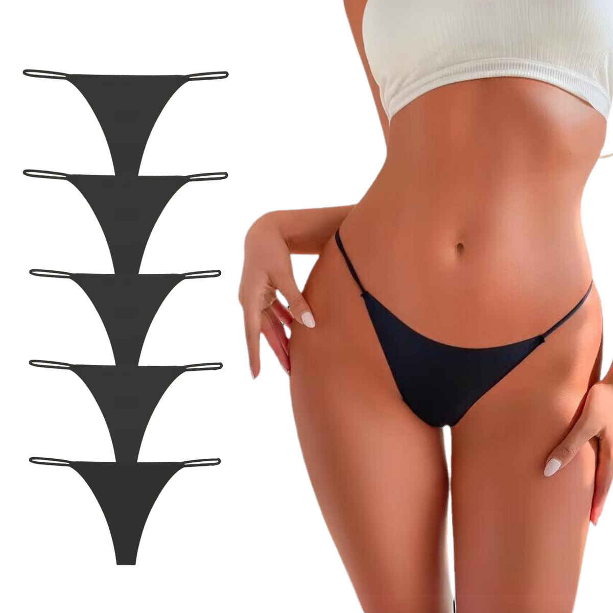 5 Pack - Dames String Naadloos - Invisible - Zwart - Onderbroek Zonder Naden - Seamless String - Dames Lingerie / Ondergoed Set - Maat XS