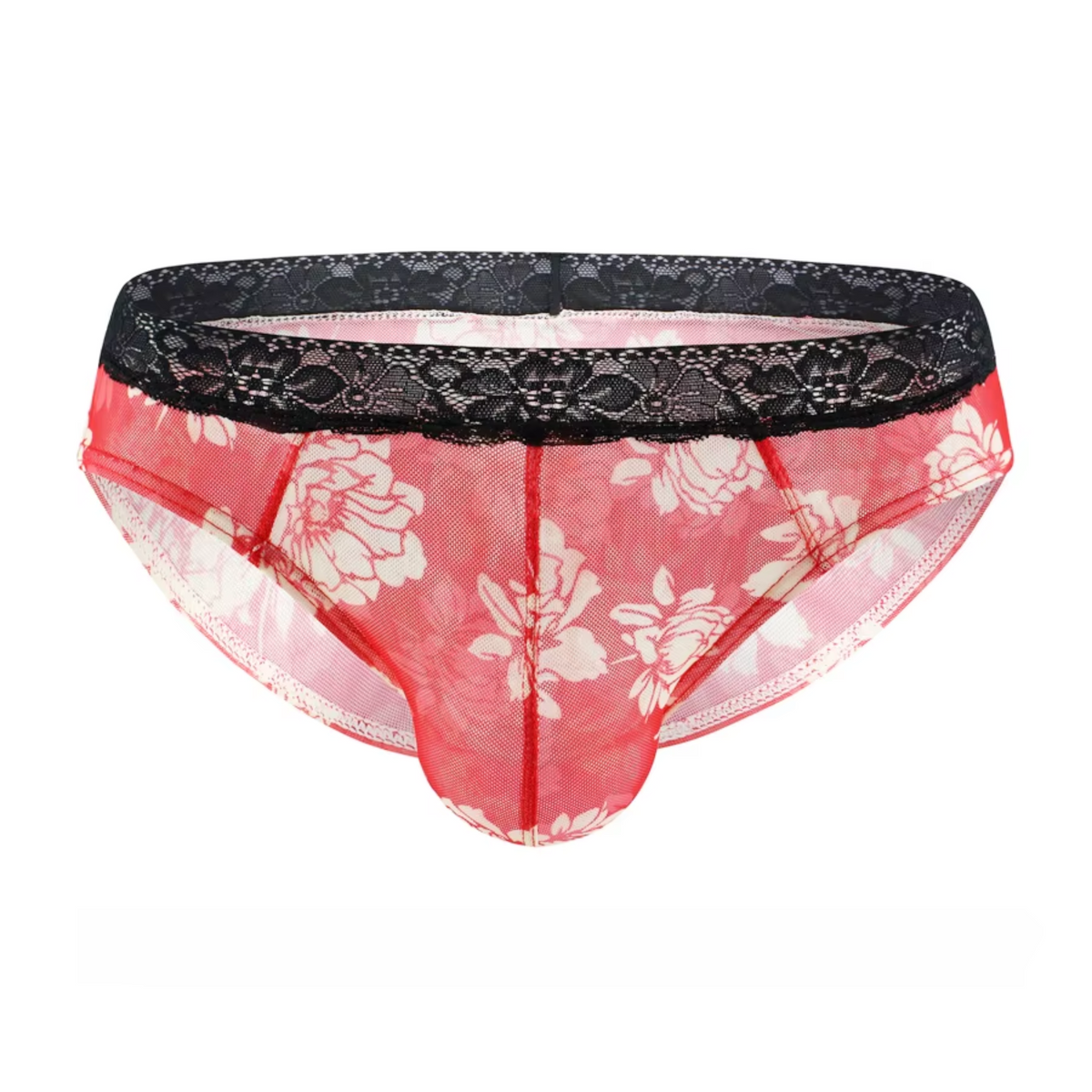 Heren Slip Doorzichtig met Bloemen - Mesh Slip Gebloemd Rood & Wit - Sexy Transparant Design - Mannen Onderbroek - Lingerie Voor Mannen - Ondergoed Maat M