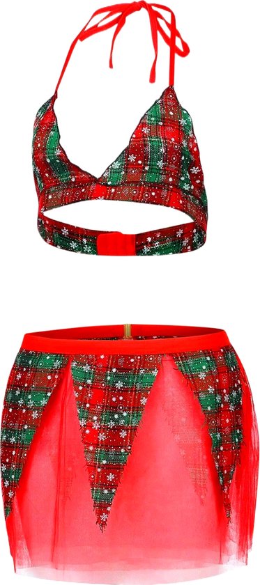 Kerst Setje Dames - Sexy Kerst Elfje - 4 Delig met Topje, Rok, Muts en Strikje - Rood Groen - Kerst Lingerie - Erotische Kerst Outfit - Kerstvrouw - Kant - Maat S