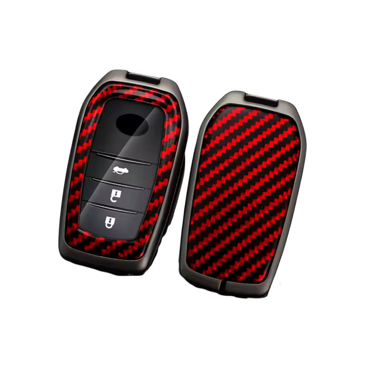Carbon Look Harde Sleutelcover - Sleutelhoesje Geschikt voor Toyota Yaris Cross / Hilux / Innova / Fortuner / Camry / Land Cruiser 200 / Land Cruiser 300 / Prado / Crown / TLK 200 - Zwart met Rood - Key Cover - Auto Accessoires