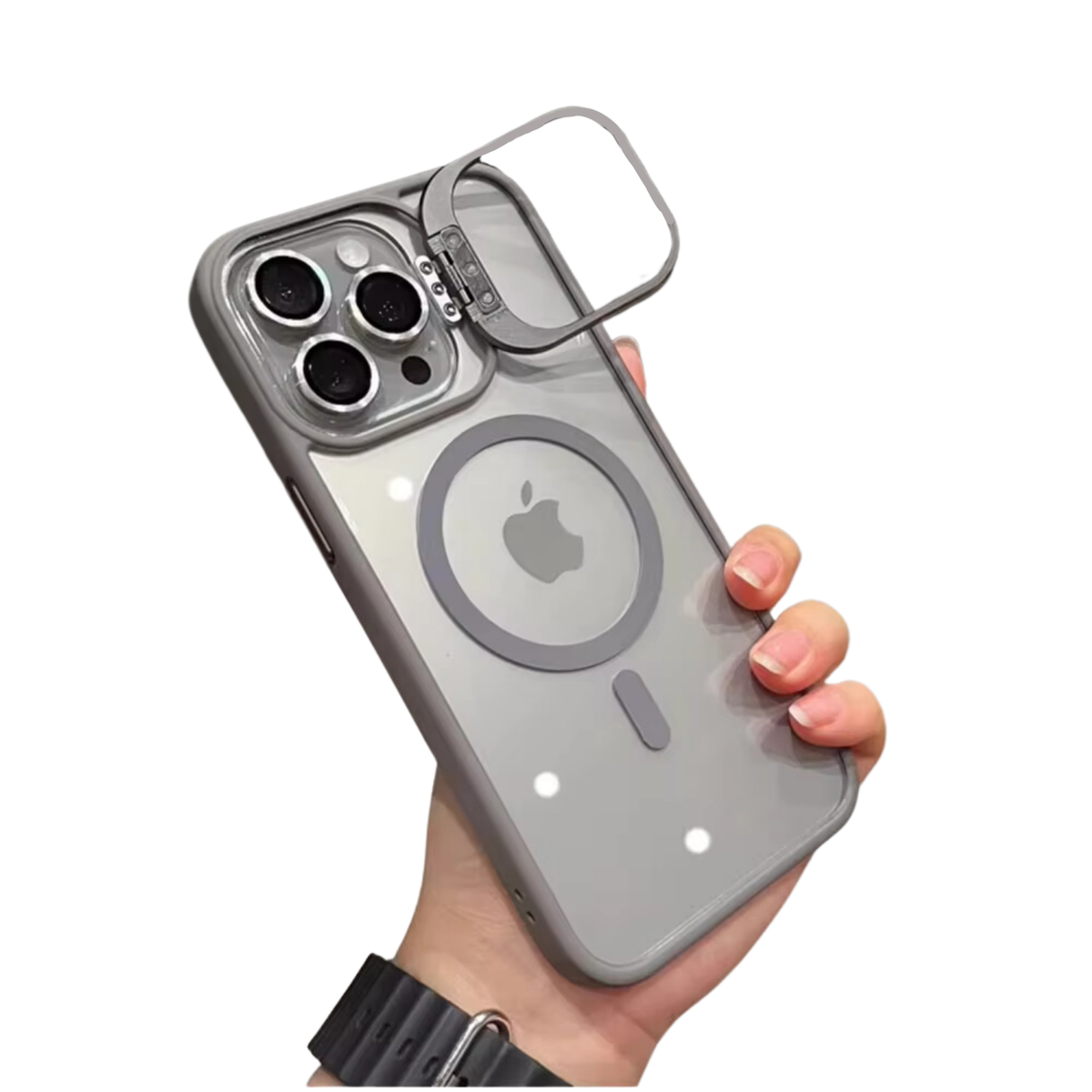 Ultra Shockproof Hoesje - Geschikt voor Apple Iphone 14 Pro Max - Transparant Natural Titanium - Met Camera Protectors en Statief - Magneet Ring Hoesje - Anti Yellowing Achterkant - Magneet Compatible