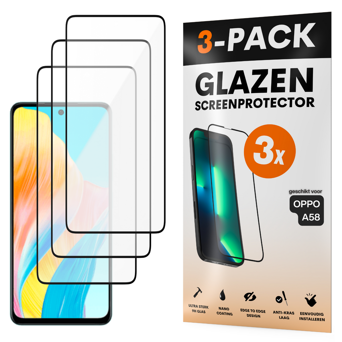 Screenprotector - Geschikt voor OPPO A58 - Gehard Glas - Full Cover Tempered Glass - Case Friendly - 3 Pack