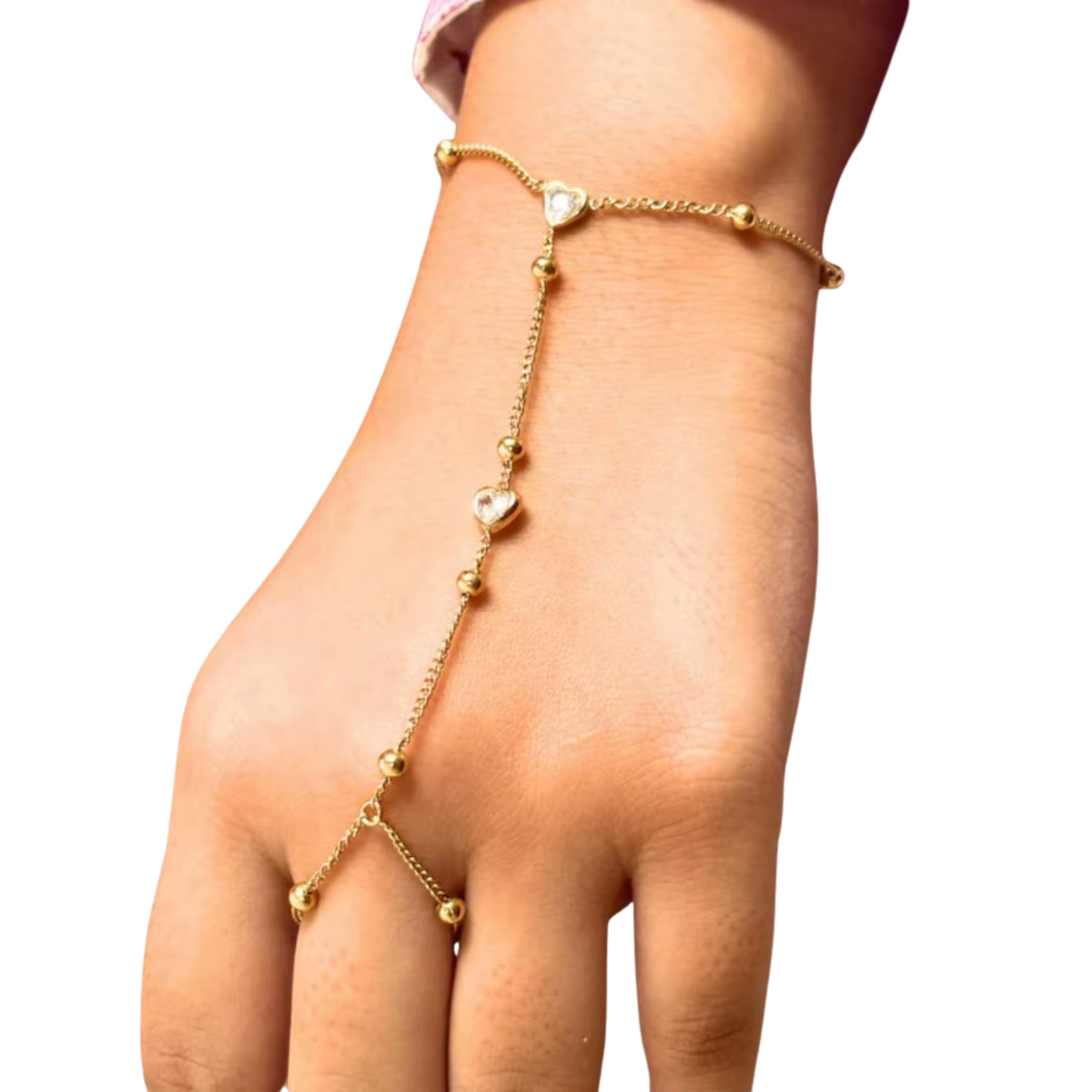 Handketting - Goud - Ketting Met Hartjes & Bolletjes - Handsierraad Goudkleurig - Armband & Ring Dames - Hand Sierraad Ketting