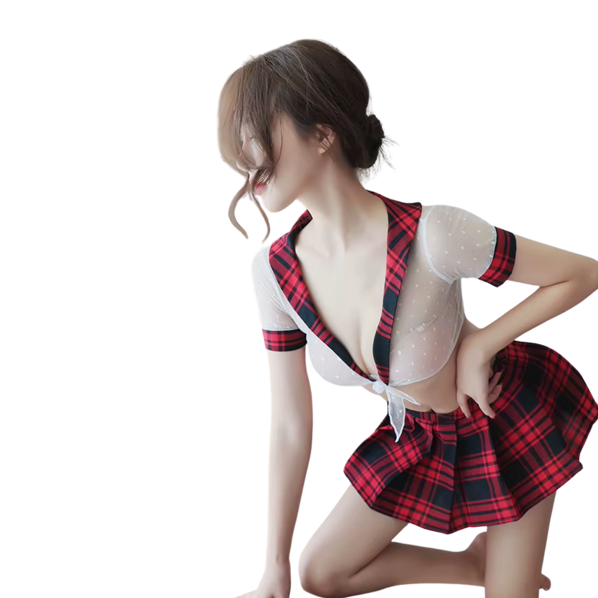 Sexy Schoolmeisje Set Rood - 2-delig Verkleedpakje - Geruite Rok & Transparante Top - Rollenspel / Roleplay / Cosplay / Anime - Lingerie Set - Ondergoed voor Dames - One Size